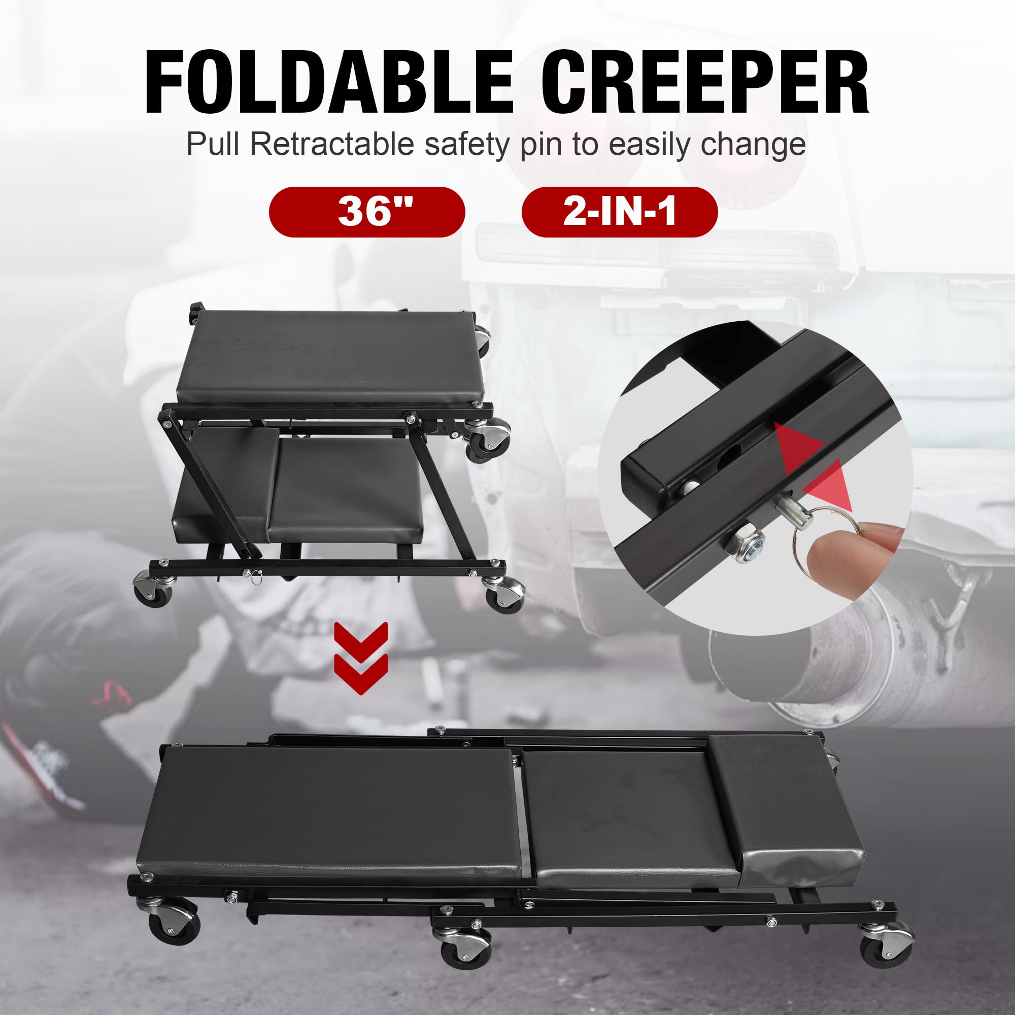 Big Red 36'' Rolling Foldable Automotive Creeper, Car Creeper, 2-In-1 Garage Shop Creeper For Auto Repair, 300 Lbs Capacity, Bla