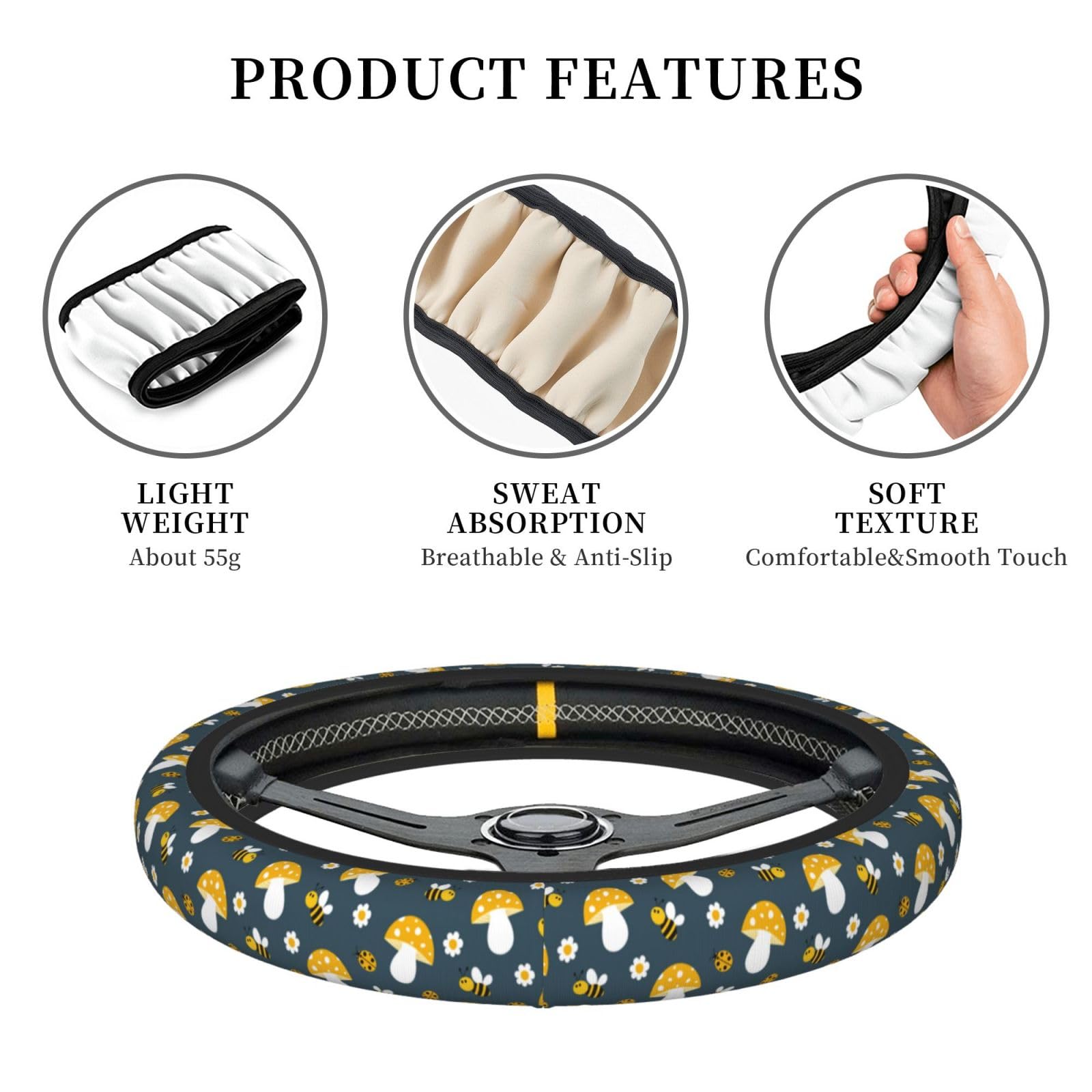 Cute Bee Mushroom Steering Wheel Cover for Women Men Girls Car Accessories Decor Anti-Slip Neoprene Auto Steering Wheel Covers P