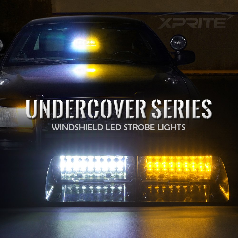 Xprite Amber White Led Emergency Dash Strobe Light, Interior Windshield Safety Warning Traffic Lights W/Suction Cups, 12V Windsh
