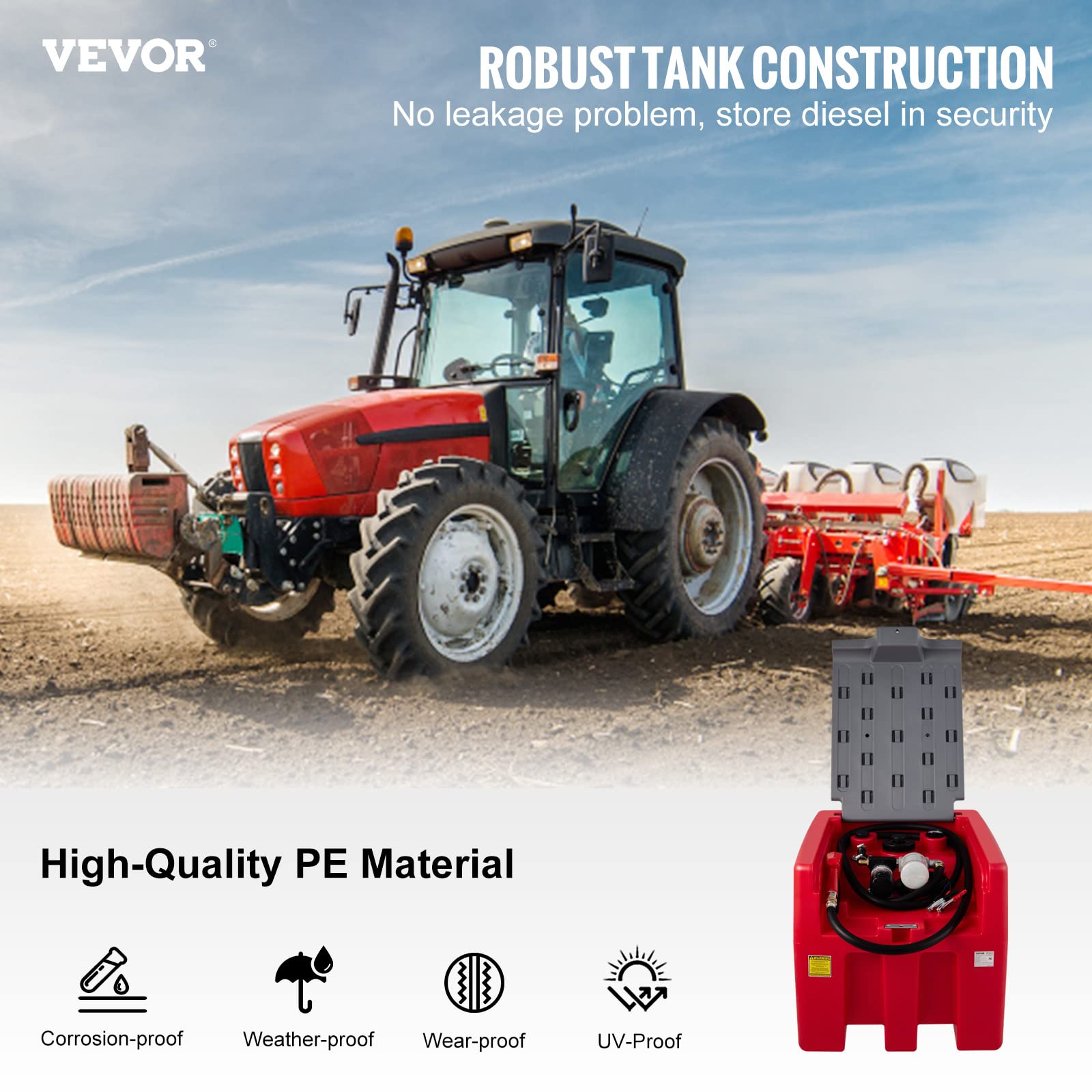 VEVOR Portable Diesel Fuel Tank, 58 Gallon Capacity, 10 GPM Flow Rate, Red, with 12V Electric Pump & Hose