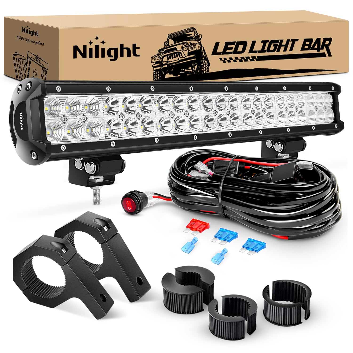 Nilight 20 Inch 126W Spot Flood Combo Led Light Bars Off-Road Light Mounting Bracket Horizontal Bar Tube Clamp With Off Road Wir