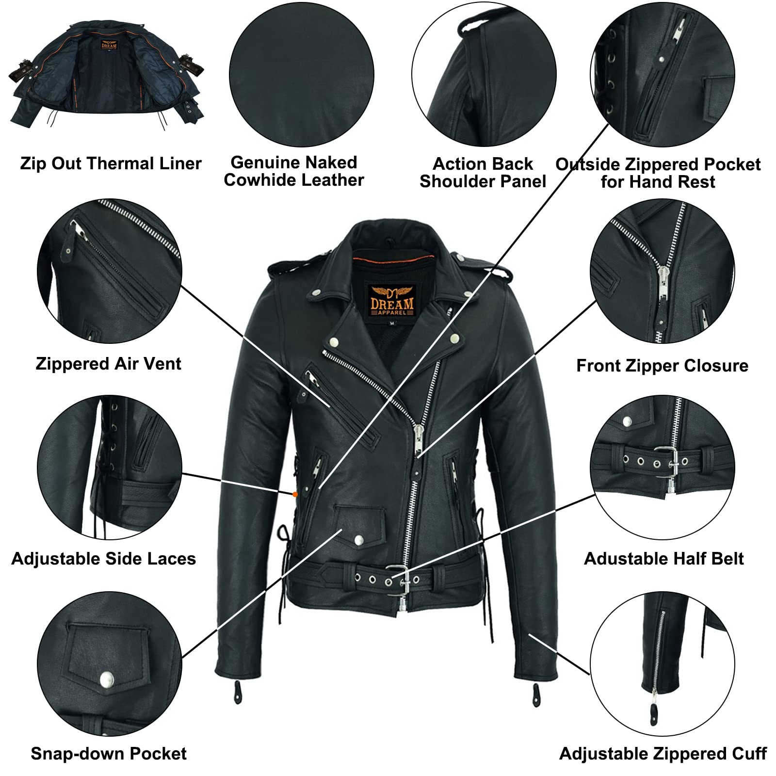 Dream Apparel Women’S Classic Leather Motorcycle Jacket With Zip Out Lining, Biker Jacket For Ladies With Side Laces (Black, Size 2Xl)