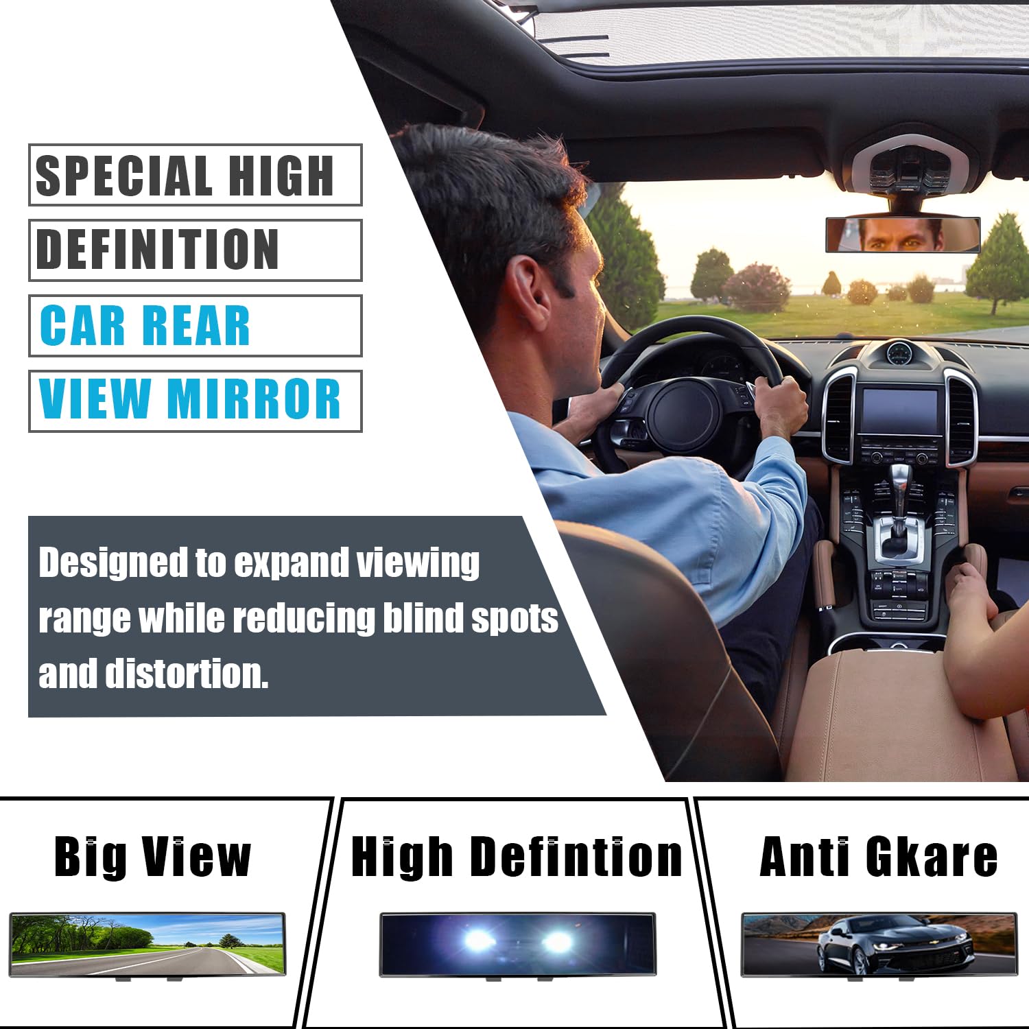 Yoolight Car Rearview Mirror - Universal 12" Panoramic Clip-On, Wide Angle, Black, Model 13, Durable ABS Material