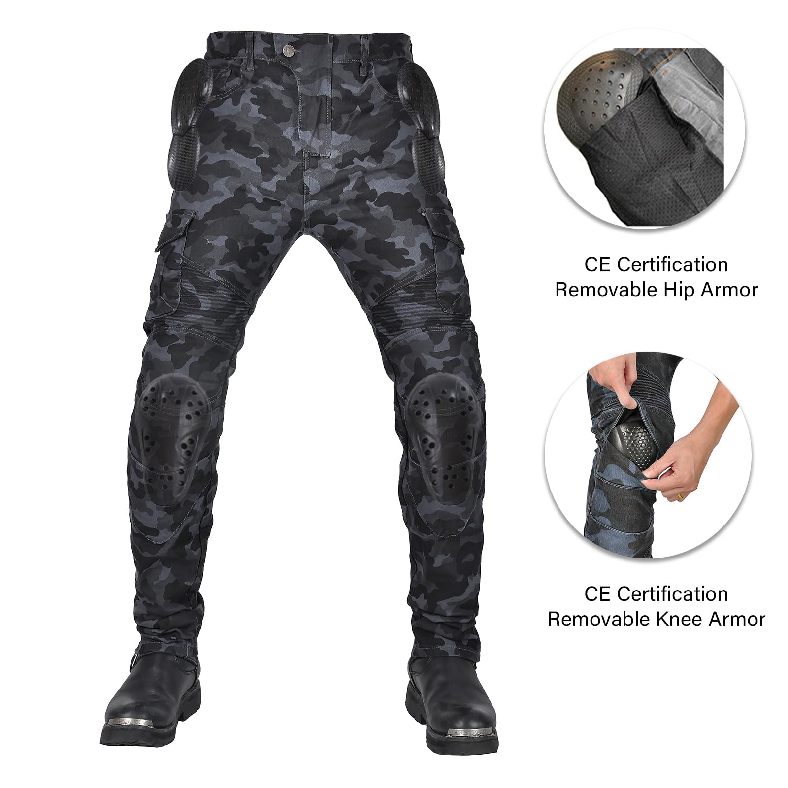 LOMENG Motorcycle Pants Motorbike Riding Denim Jeans Biker Motocross Pants with CE Removable Armored for Men Blue Camouflage 2XL