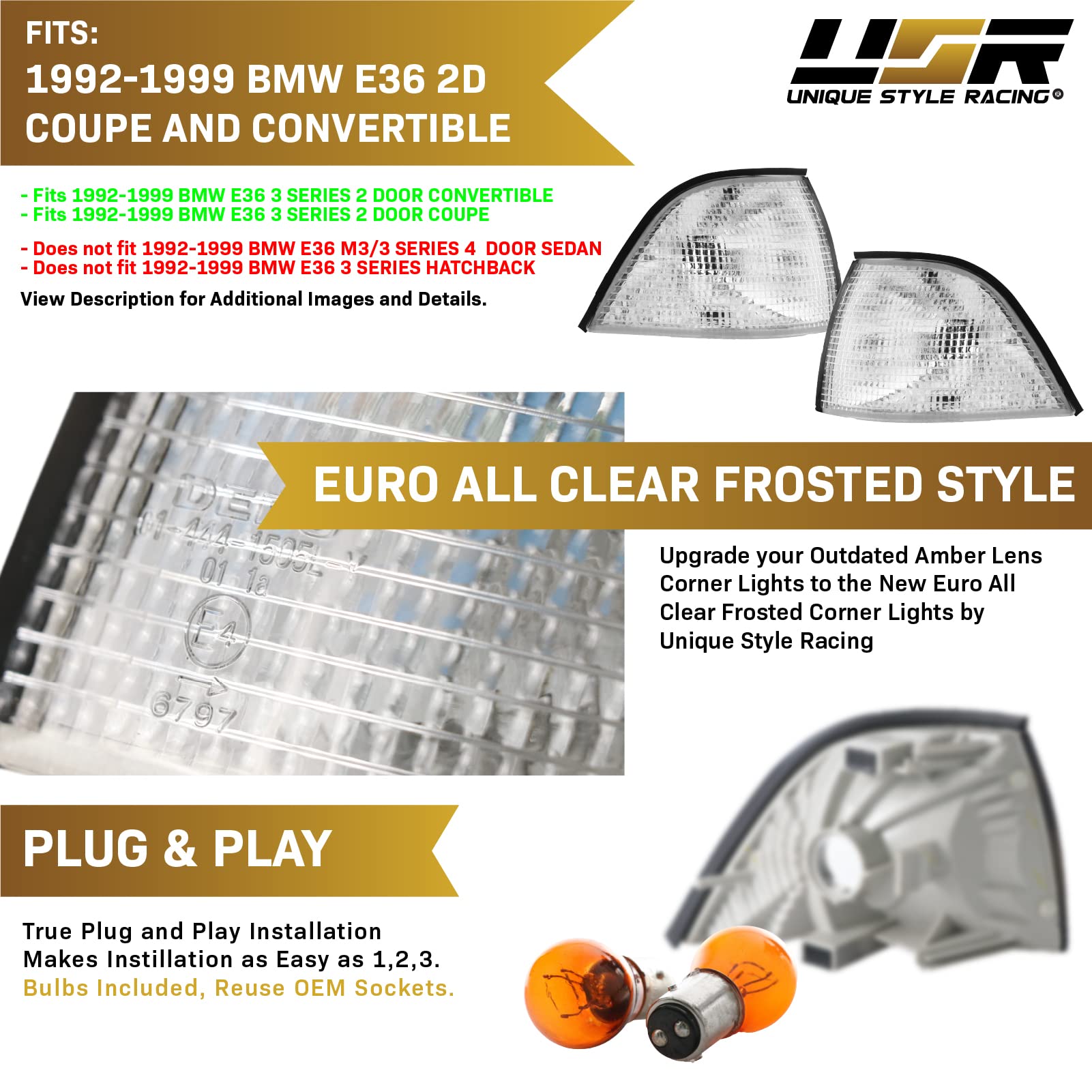 USR UNIQUE STYLE RACING DEPO E36 2D Corner Lights Set - Clear Lens, Amber Bulbs, Compatible with 1992-1999 BMW E36 Coupe/Convertible