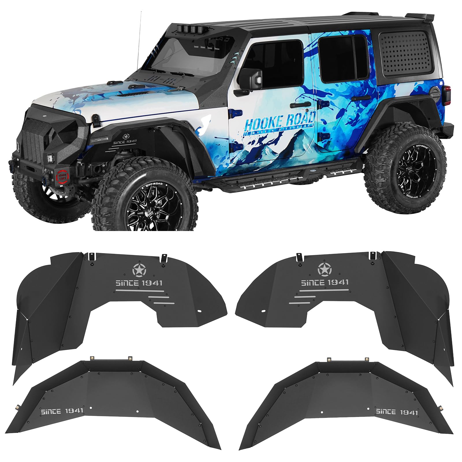 Hooke Road Wrangler JL Aluminum Inner Fender Liners for 2018-2026 Jeep Wrangler JL 2/4 Doors (Exclude Rubicon 3.6L Engine), Offr