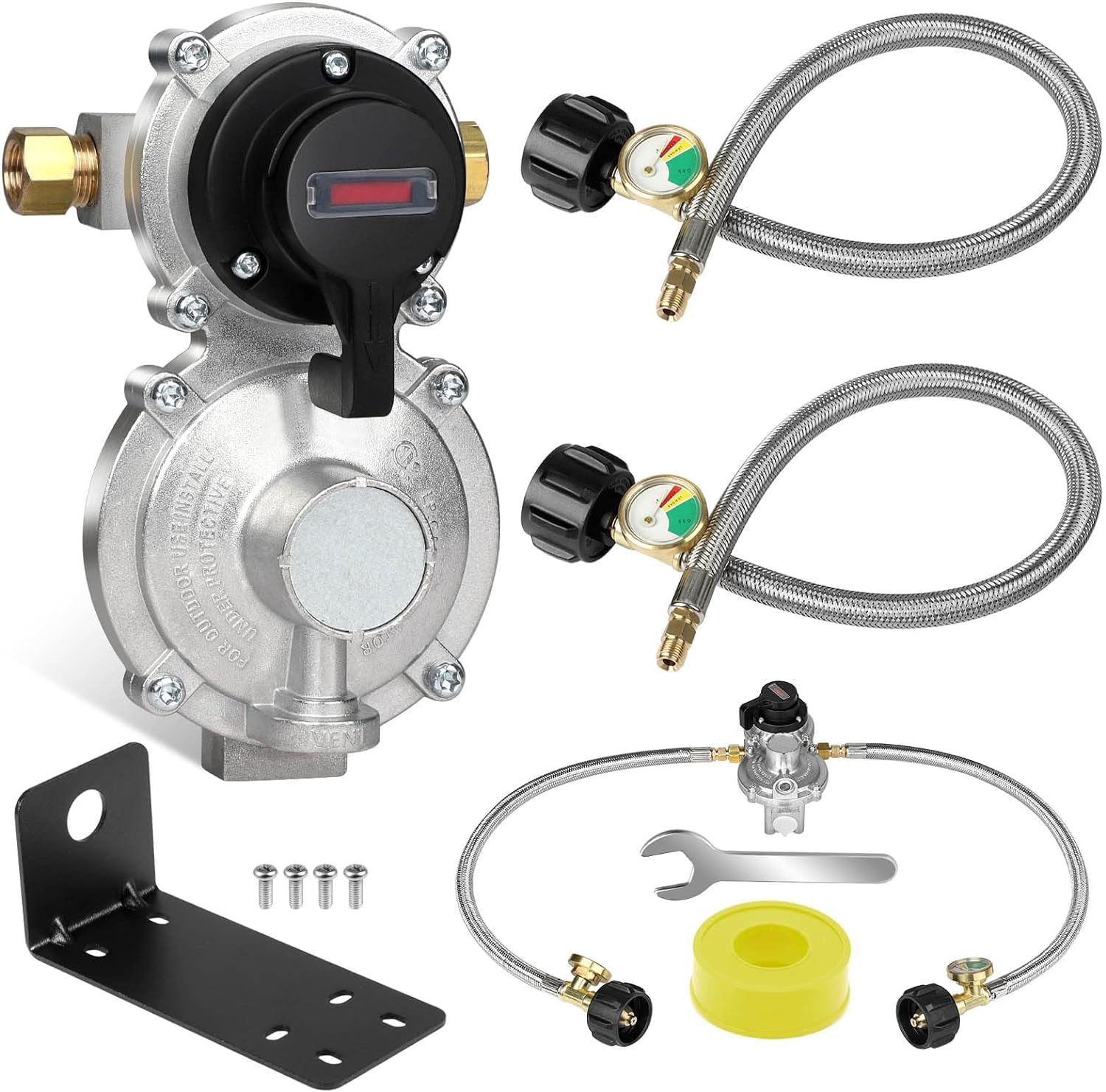 Nqn 2-Stage Automatic Changeover Lp Propane Gas Regulator With Two 18 '' Rv Pigtail Propane Hoses With Gauge, Stainless Braided