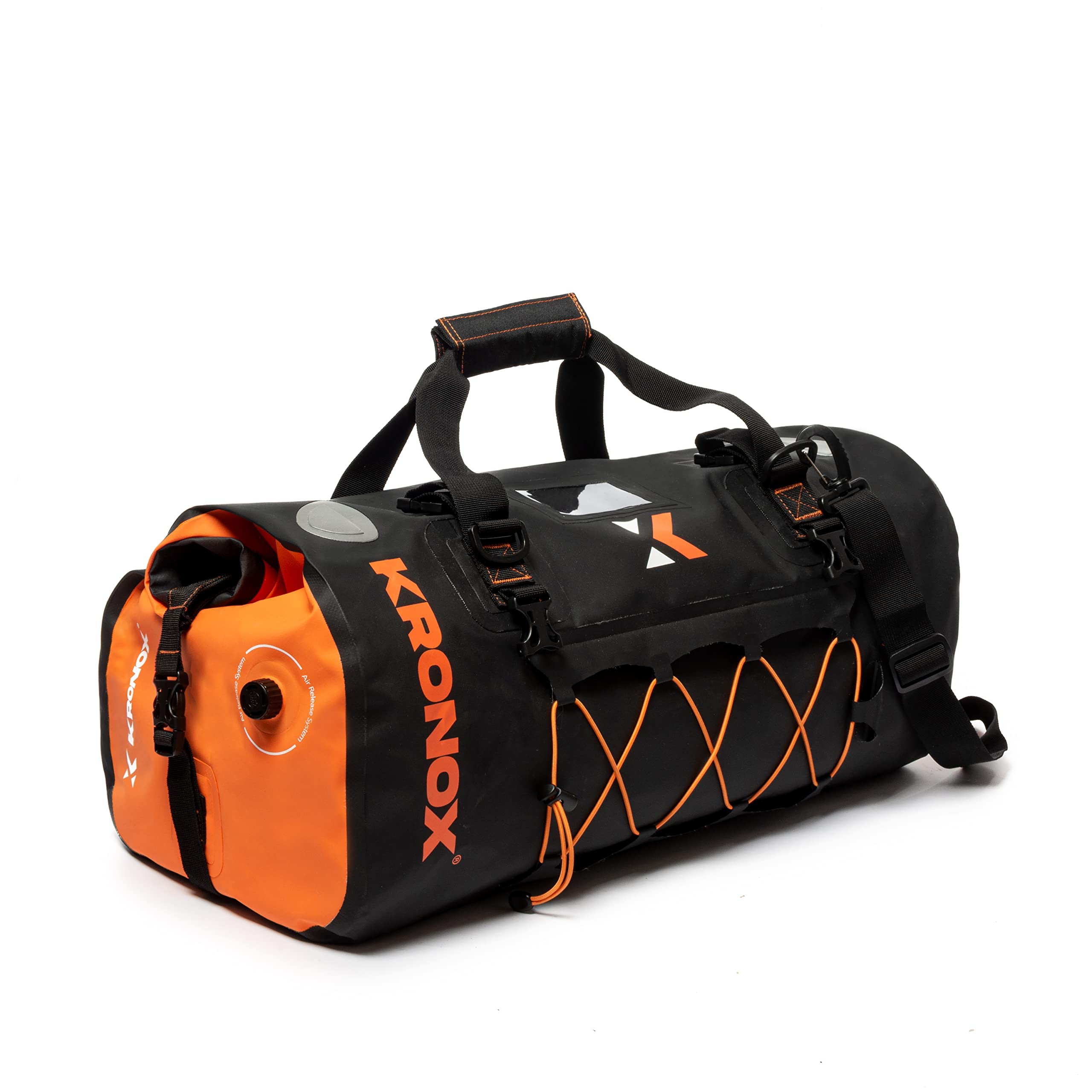 KRONOX Waterproof Duffle Bag for Motorcycle Back Seat - Black & Orange, Vinyl, Hook and Loop Closure, 40-60 Liters Capacity, Ult