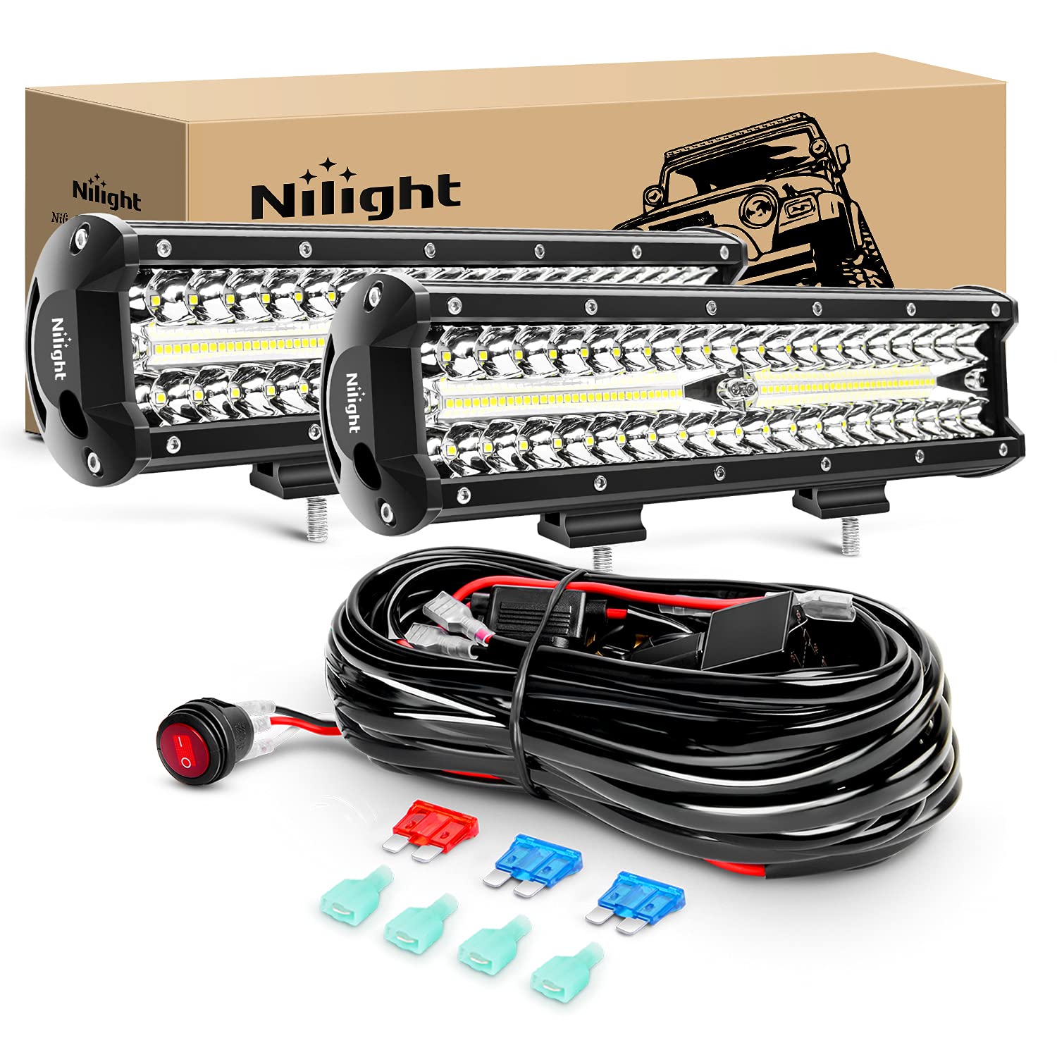 Nilight Led Light Bar 2Pcs 12 Inch 300W Triple Row Flood Spot Combo 30000Lm Driving Lights With Off Road Wiring Harness Kit -2 L