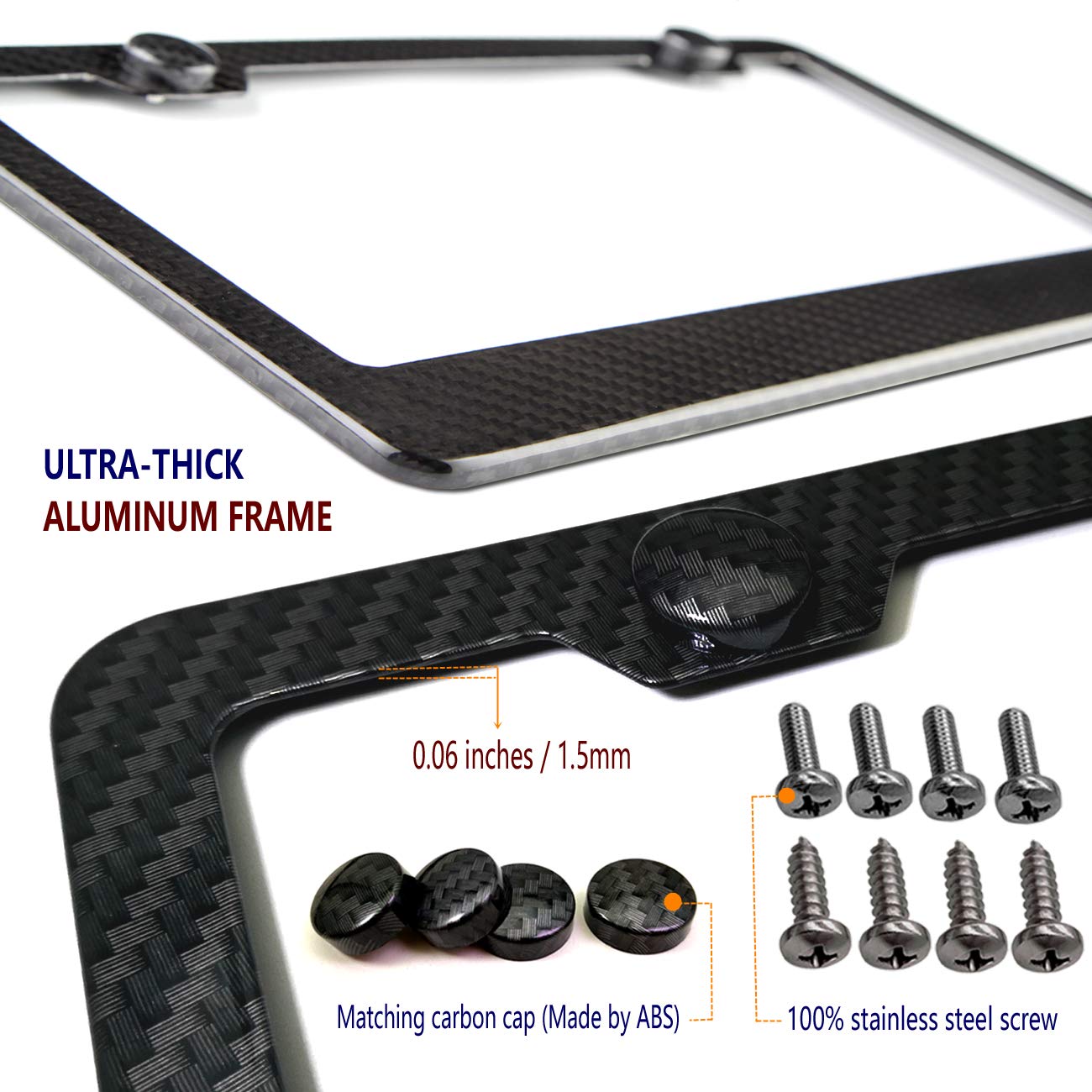 Aootf Carbon Fiber License Plate Frames - 2 Pack Black Aluminum 2 Holes Front & Rear Car Tag Cover Holder With Stainless Steel Screws, Caps And 2Pcs Anti-Rattle Foam Pads