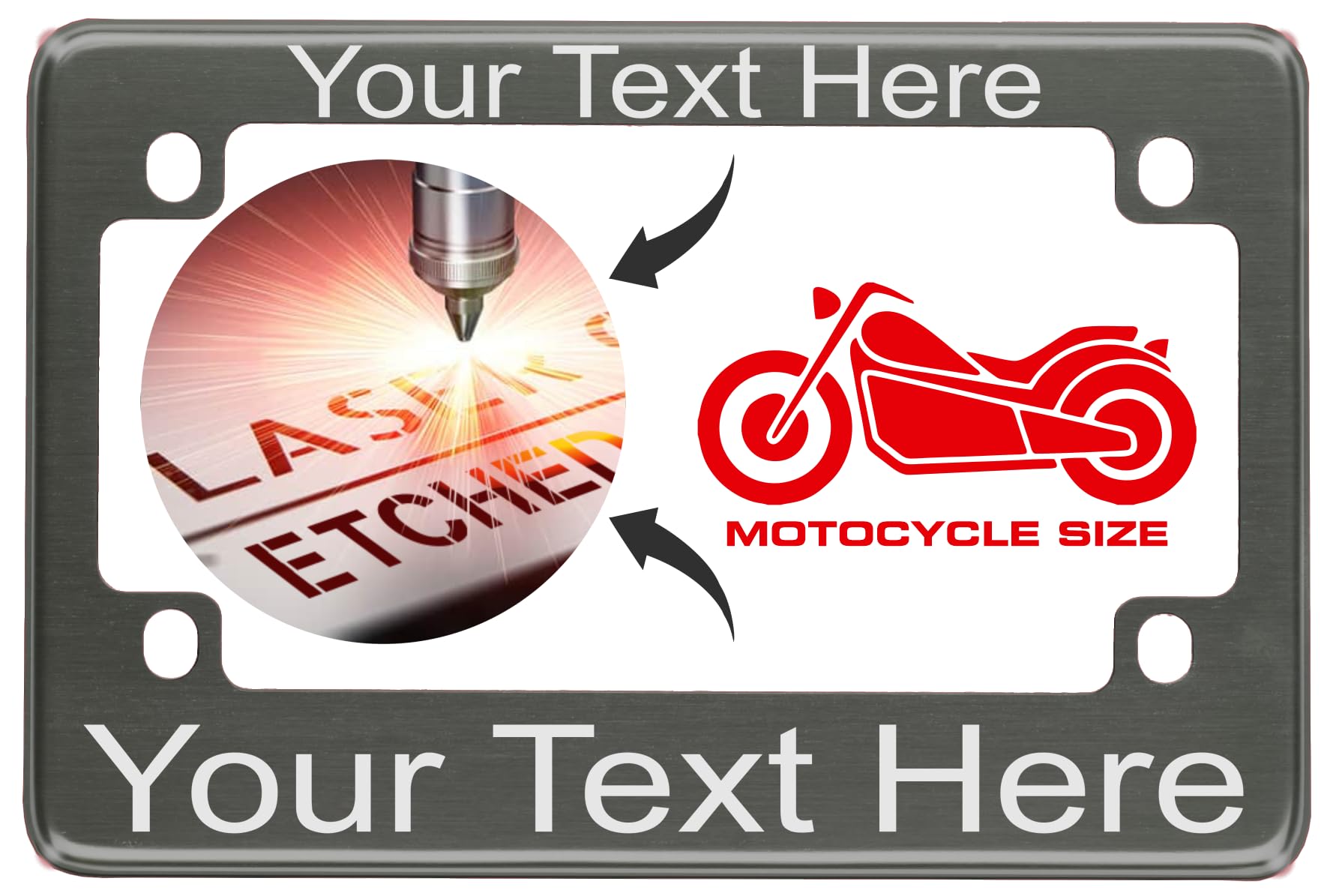 Motorcycle Personalized With Custom Text Design - Anodized Aluminum Laser Etched Standard Size License Plate Frame - Gray