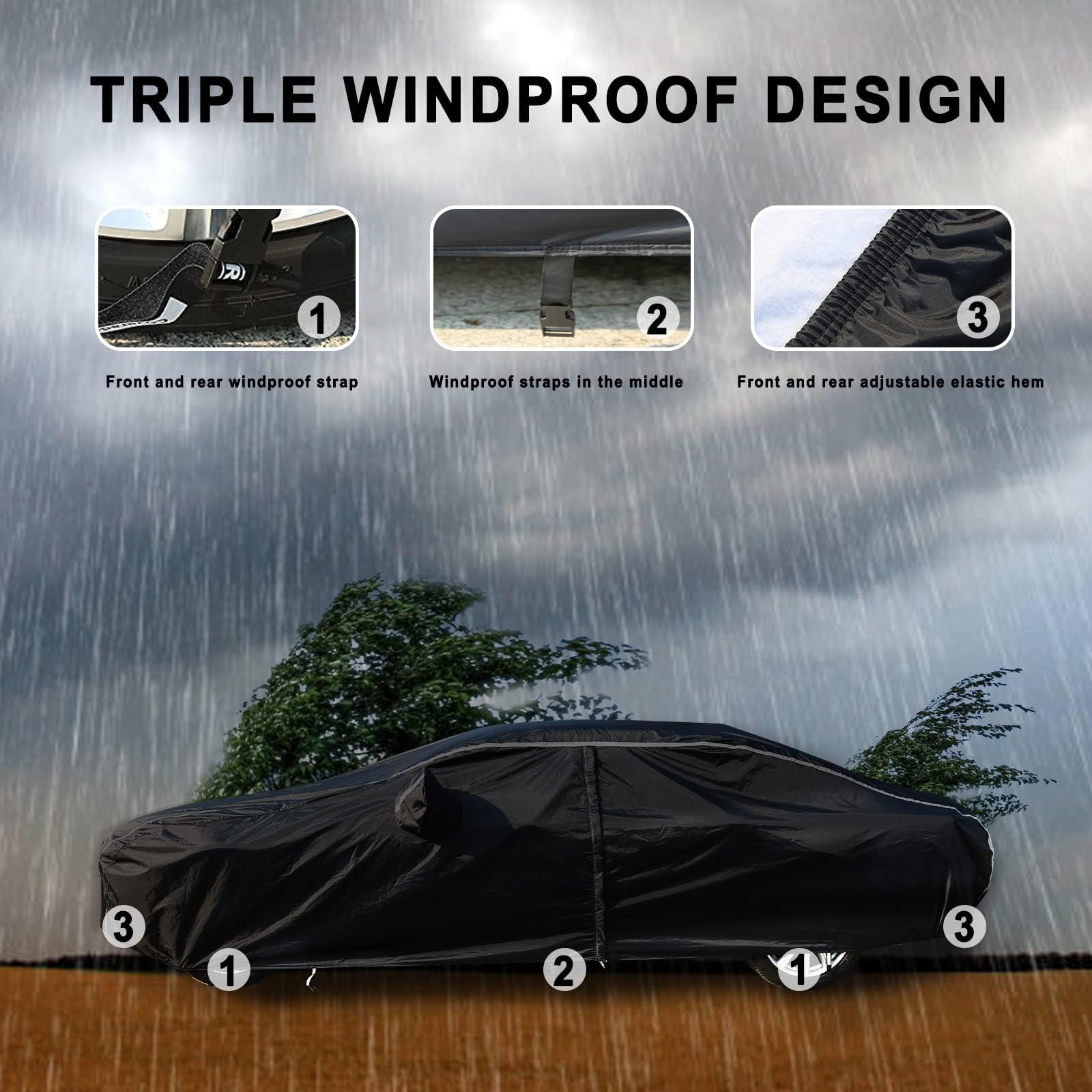 Tecoom Waterproof Car Cover for Sedan 191"-200", UV Protection, Windproof, Black with Cotton Backing, Model 190T BLACK-3XXL