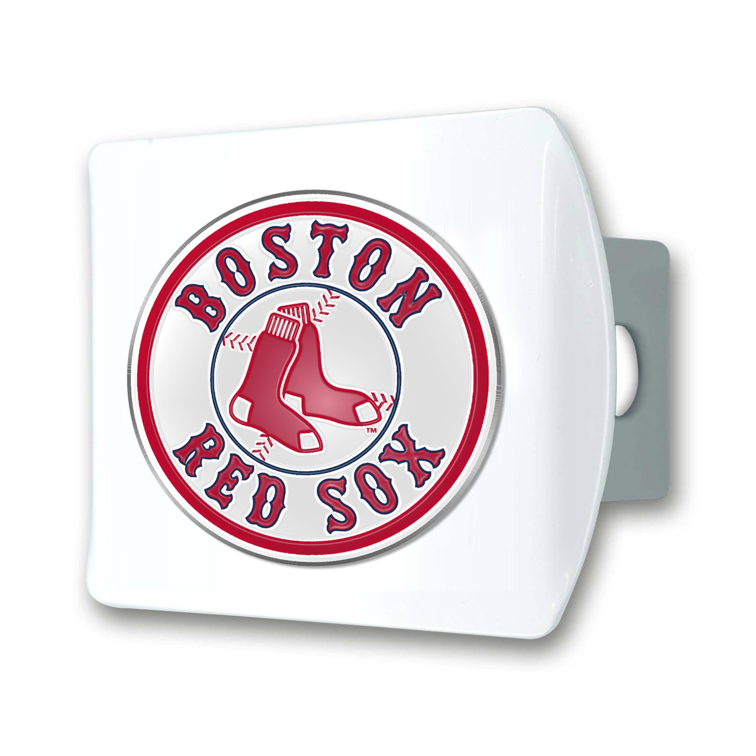 FANMATS 43760 MLB - Boston Red Sox Color Hitch Cover - White with Metal Chrome 3D Logo Emblem - Easy Installation on Truck, SUV,