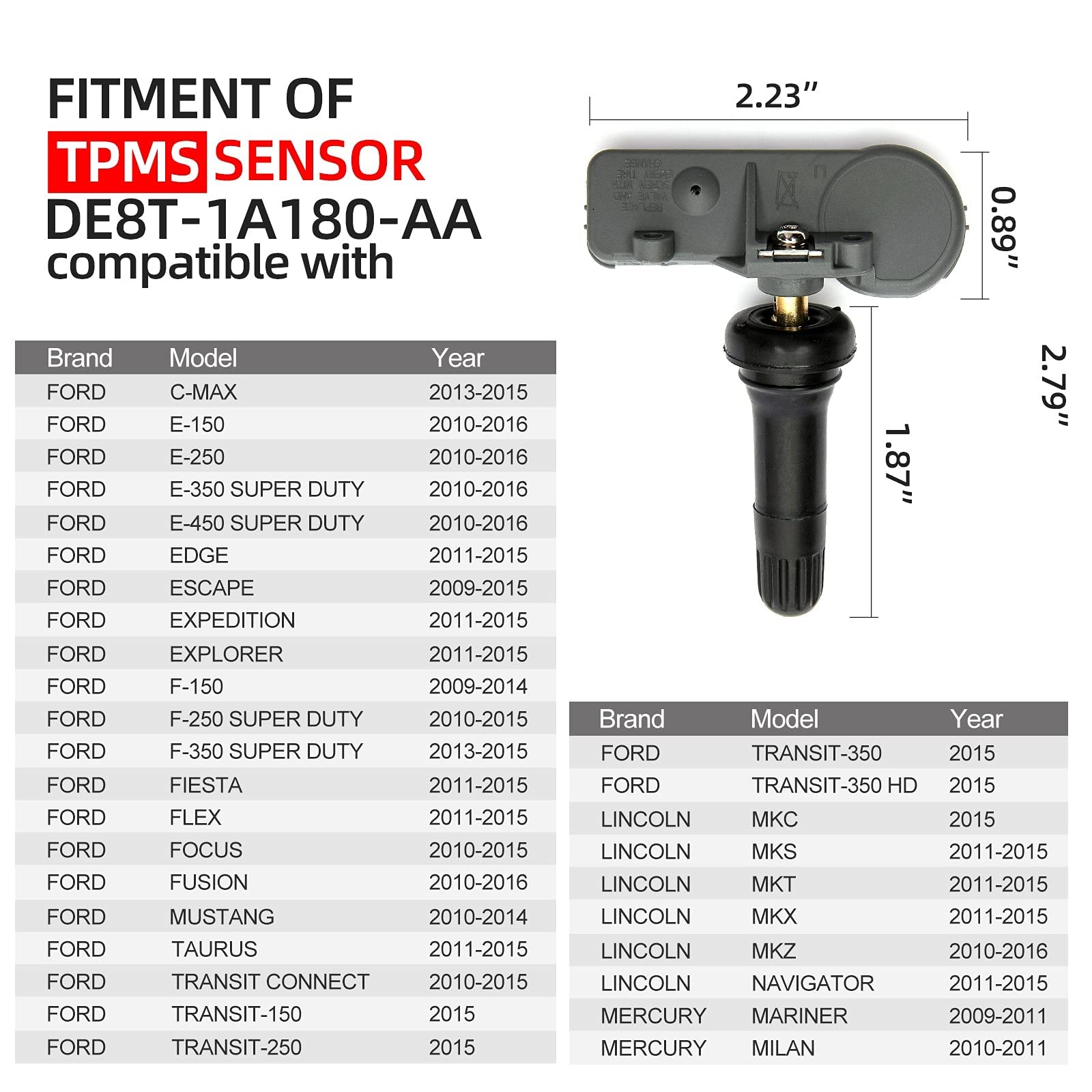 Newhow De8T-1A180-Aa 9L3Z-1A189-A 315Mhz Programmed Tire Pressure Monitoring Systems(Tpms) Replacement Sensor