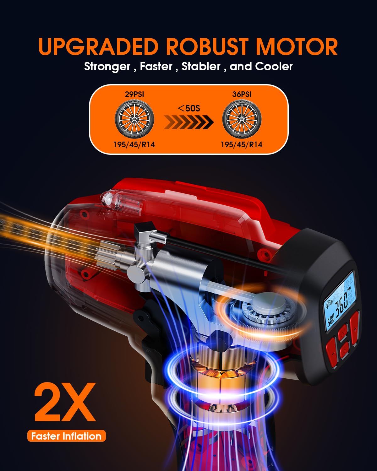 KeenPower Digital Cordless Tire Inflator, 160PSI, Rechargeable 21V Battery, Red, Model RC219, Portable Air Compressor with Gauge Screen