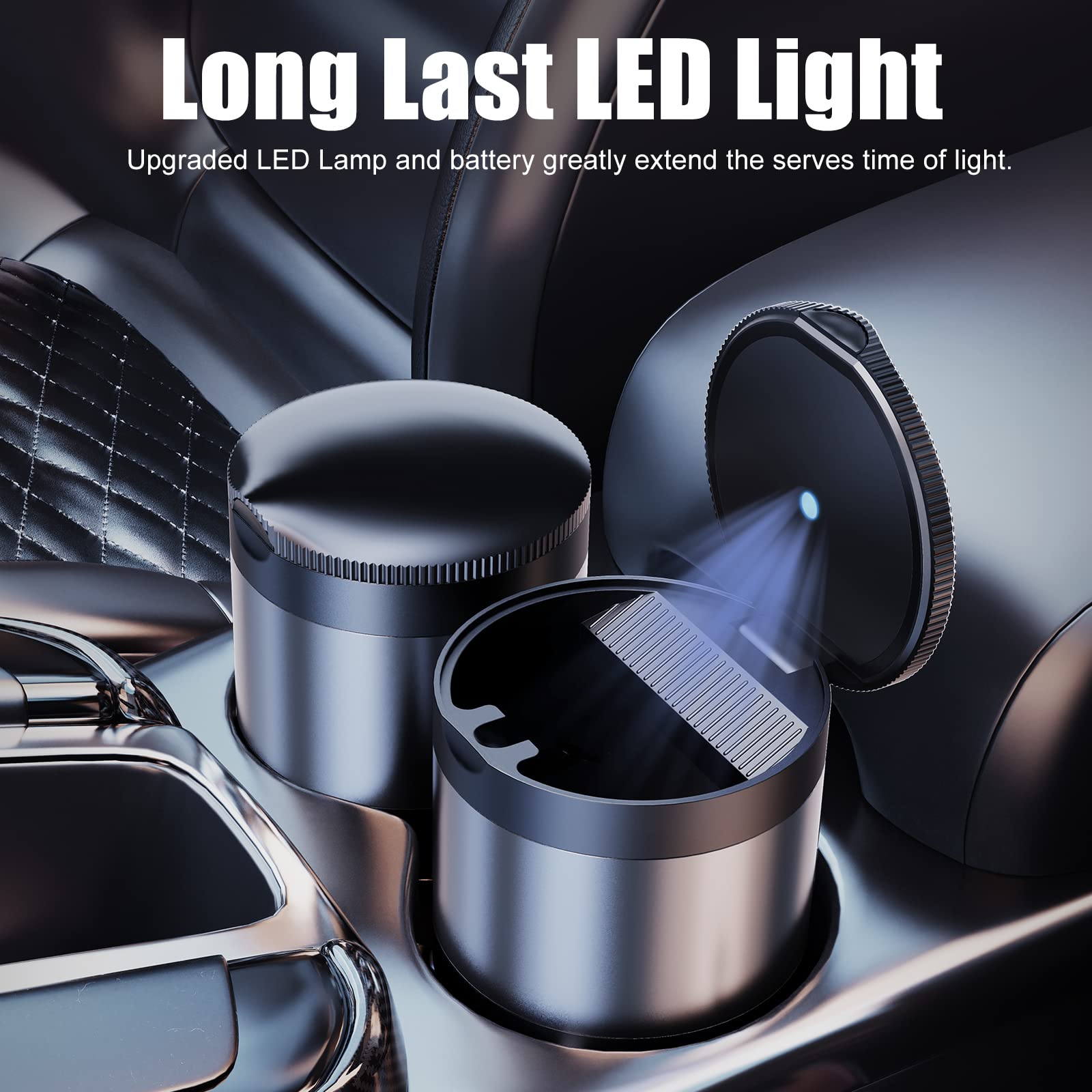 Thikpo Car Ashtray With Lid, Portable Ashtray, Mini Car Trash Can, Detachable Stainless Steel Smokeless Ash Tray With Led Blue L