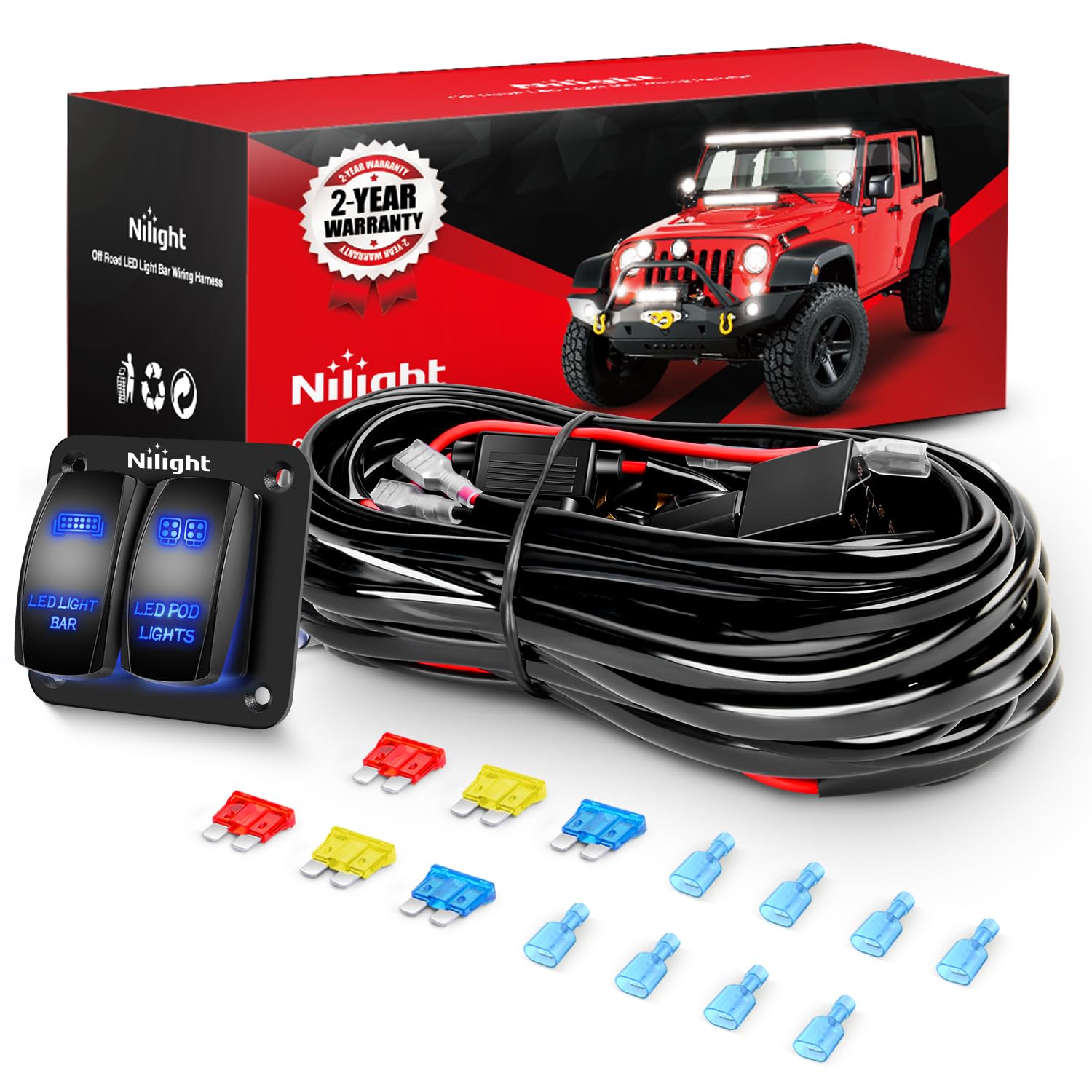 Nilight 16Awg Led Light Bar Wiring Harness Kit 12V On/Off 2 Gang Rocker Switch Panel Power Relay Blade Fuse 5Pin Toggle Switches
