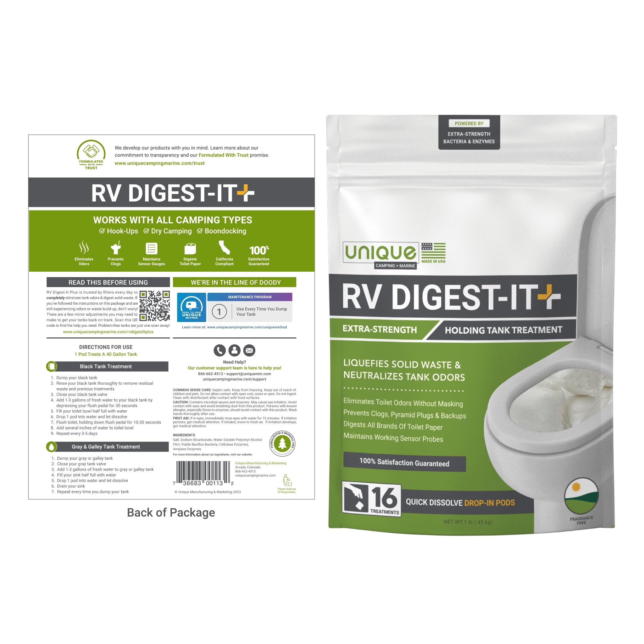 Unique RV Digest-It+ Extra-Strength Toilet Treatment Pods - 16 Count, Liquifies Waste & Toilet Paper, Eliminates Odors