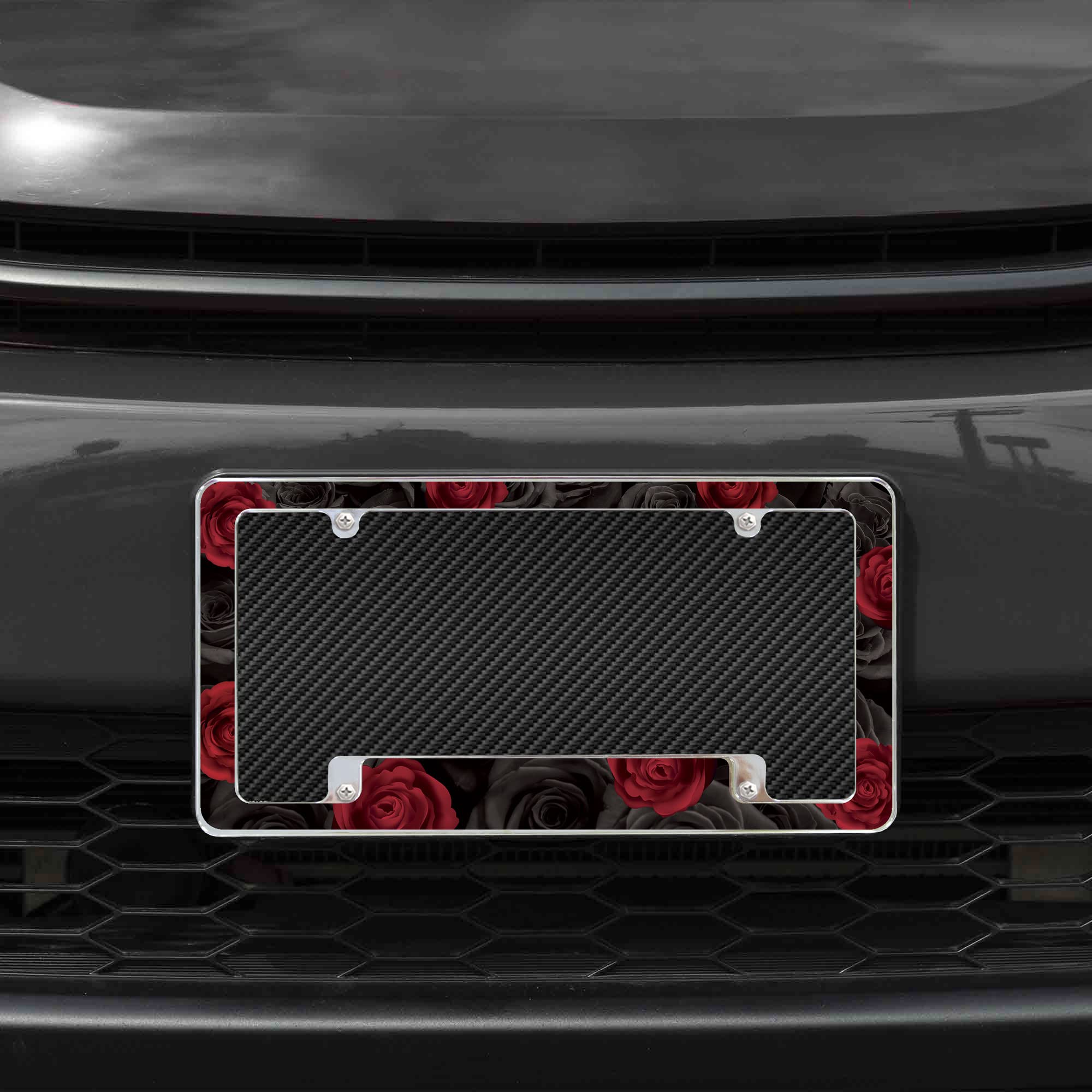 Rico Industries Red and Black Roses All Over Automotive License Plate Frame for Car/Truck/SUV (12 x 6)