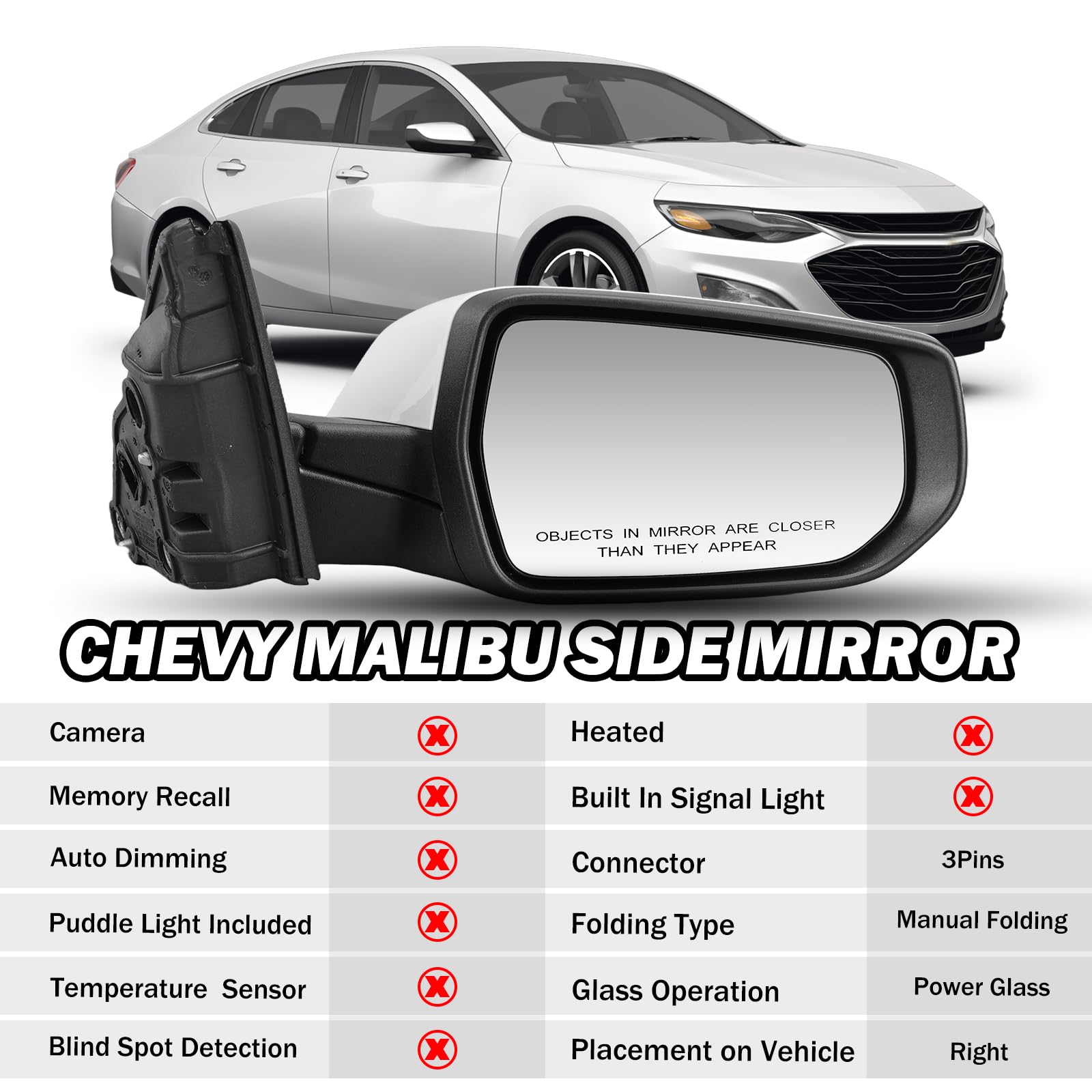 MOFOAP Passenger Side View Mirror for Chevy Malibu 2016-2022, Non-Heated, Manual Folding, Right, White, 3 Pins-WT