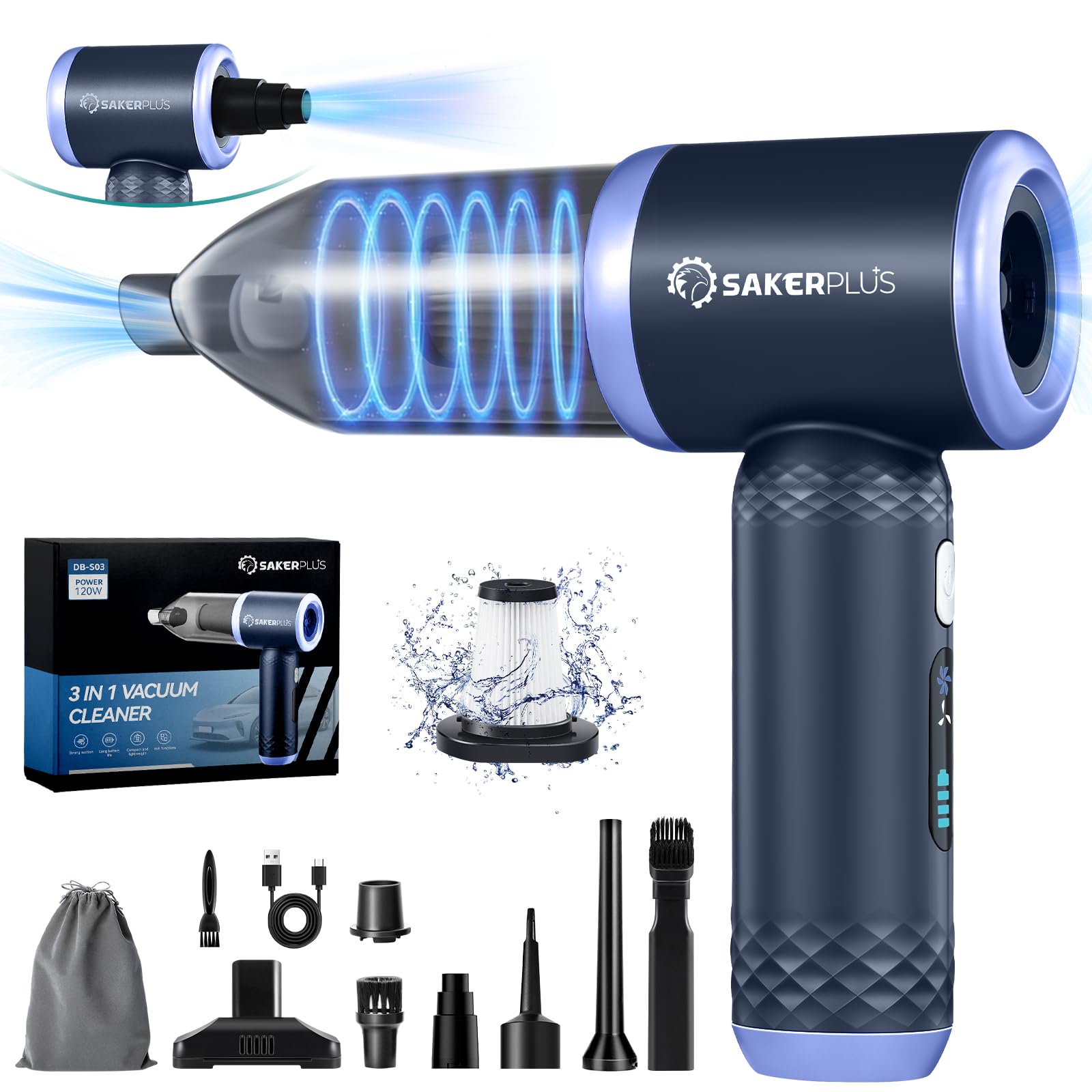 SakerPlus Car Vacuum Cleaner- 3 in 1 Cordless Handheld Vacuum Cleaner, 13000Pa High Power Car Vaccum Cleaner with Brushless Moto