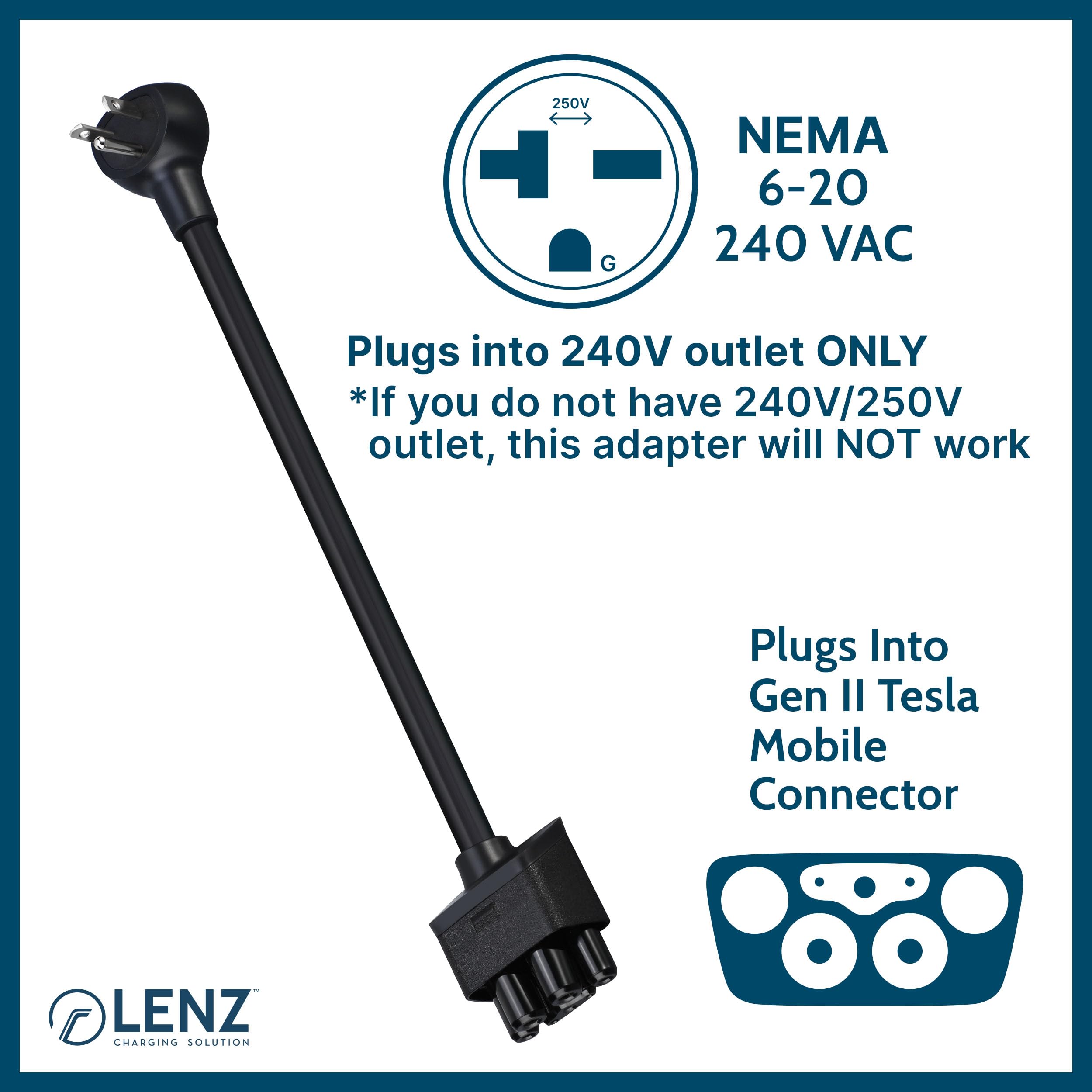 LENZ NEMA 06-20 Adapter for Tesla Gen 2 & 3 Chargers - 240V, 16 Amp, 14-Inch Length
