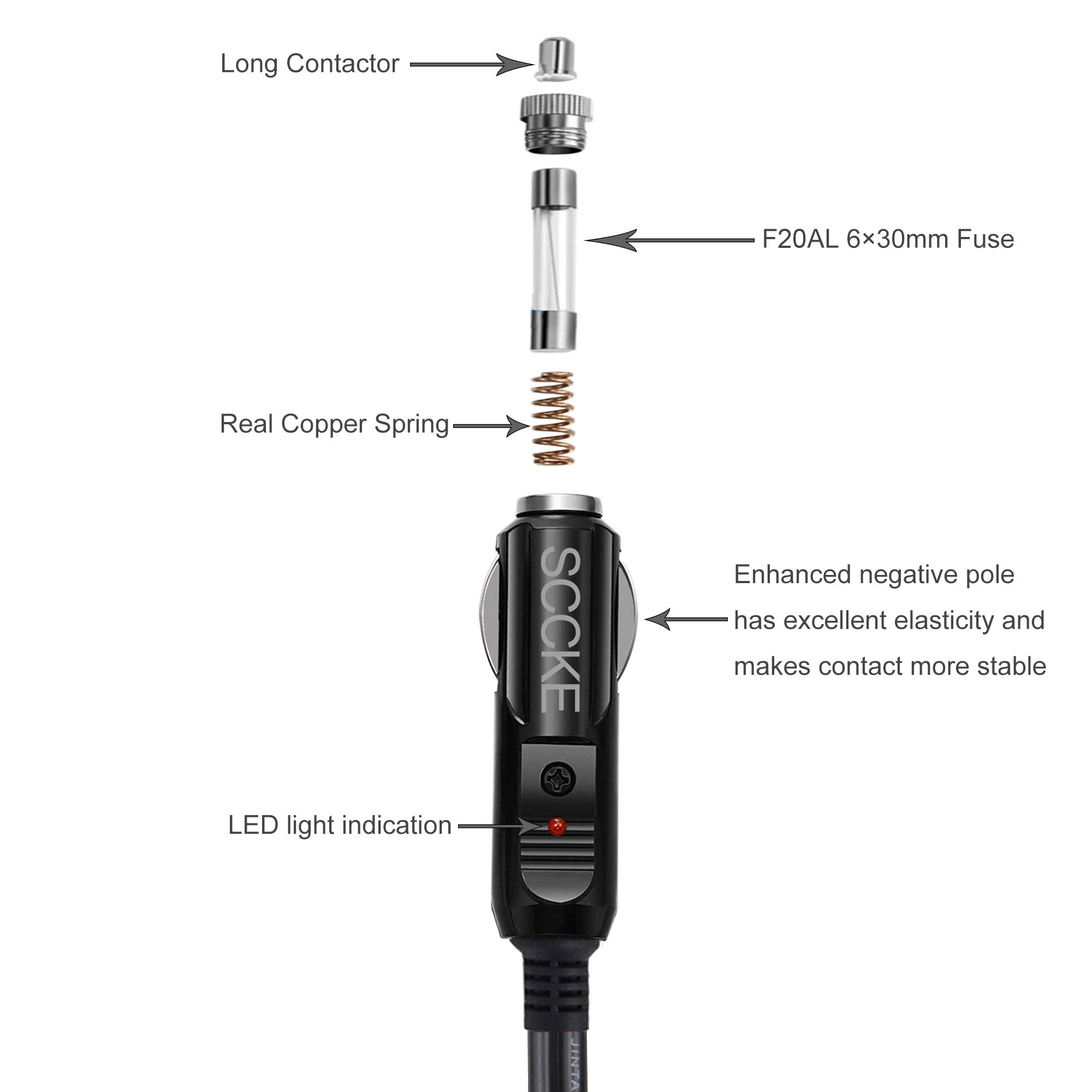 SCCKE Heavy-Duty 20A 14.8ft / 4.5m 14 AWG Male to Male Plug Cigarette Lighter Charger Cord with LED Indicator and 20A Fuse Prote