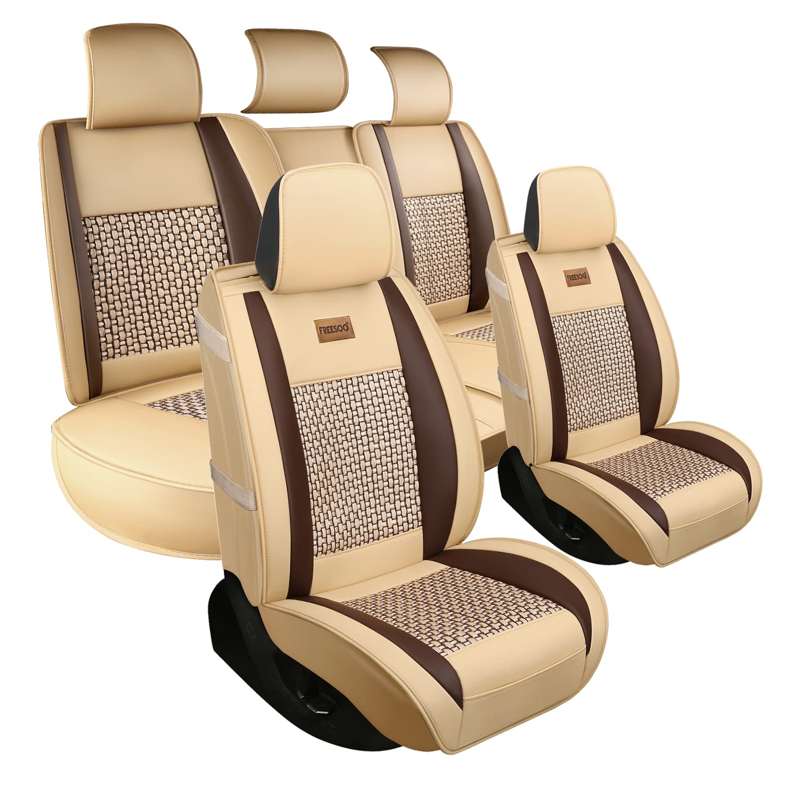 FREESOO Leather Car Seat Covers Full Set, Breathable Padded, A-Khaki Brown, Model 01QCZD, Universal Fit for Sedans, SUVs, and Trucks