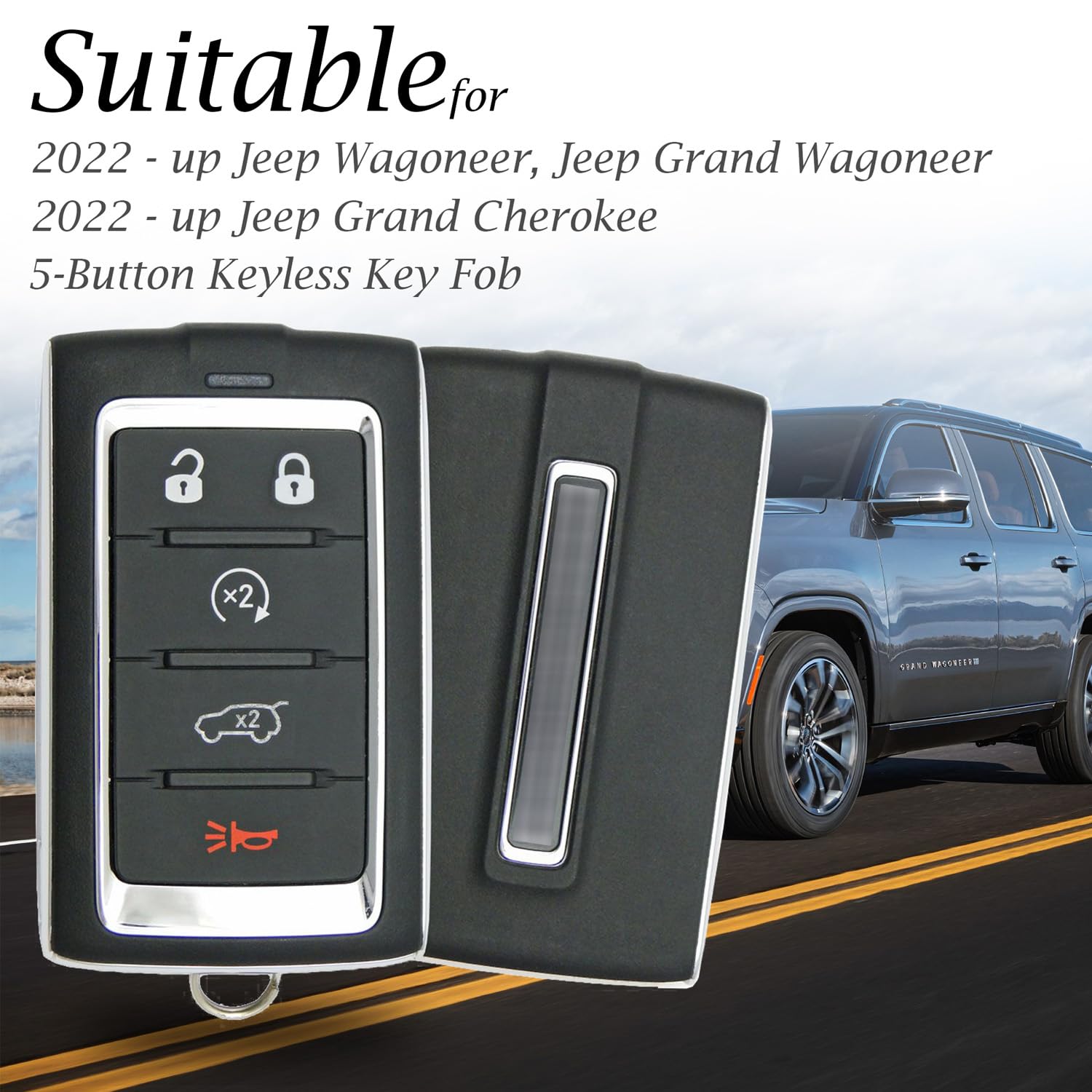 Vitodeco Leather Smart Key Fob Case for Jeep Wagoneer & Grand Cherokee 2022-2025, New 5-Button, Brown