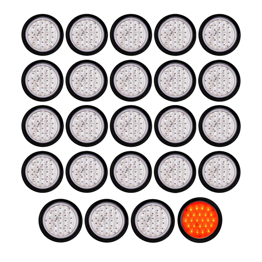24X 4 Round 24-LED Clear Lens RED Sealed Tail Light Trailer Truck RV Brake Stop Lamps Rear Parking Taillights 12V