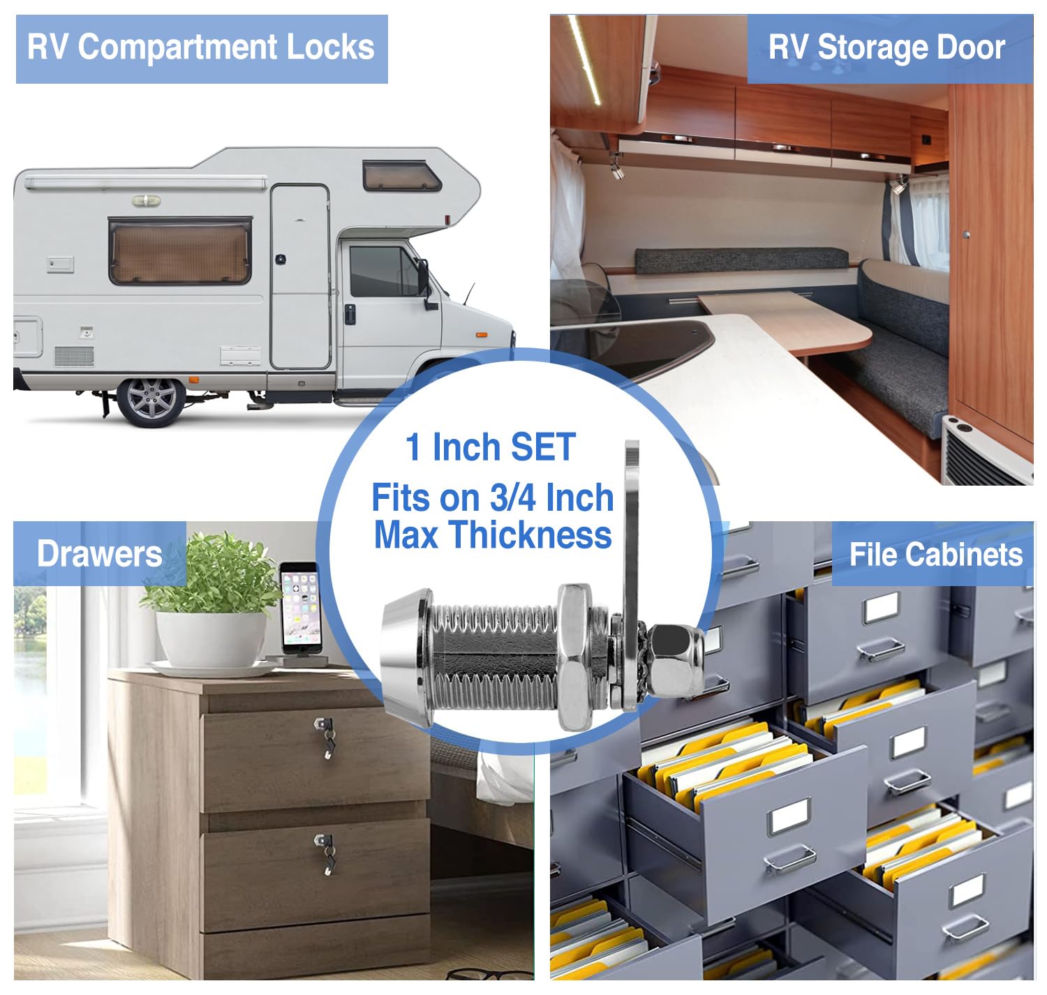 Cam Locks Rv Storage Keyed Alike, 1'' Fits On 3/4'' Max Door Thickness, Compartment Locks For Camper Trailer Cabinet With Keys (