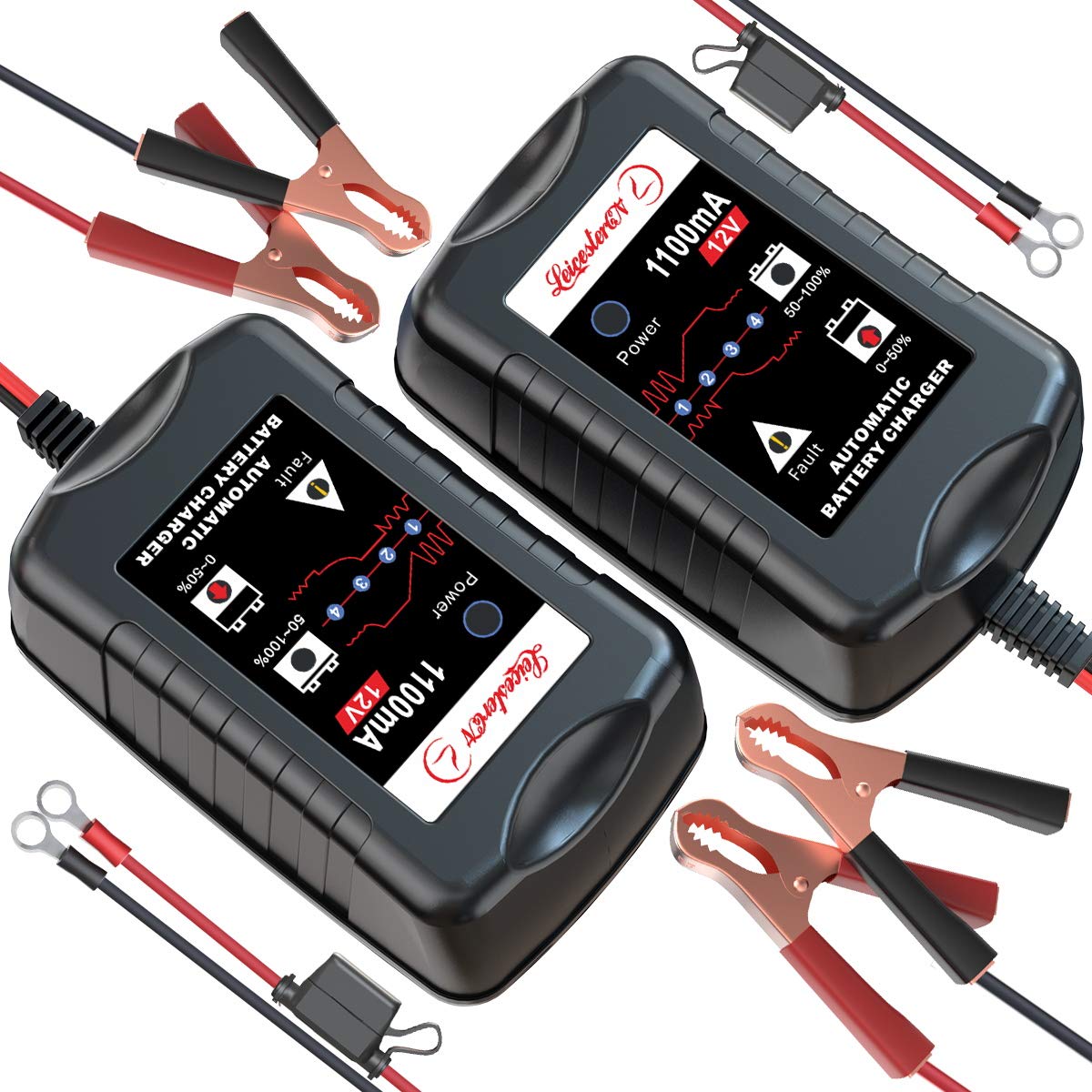 [2-Pack] LEICESTERCN 12V Battery Trickle Charger Maintainer Portable Smart Float Charger for Car Motorcycle Lawn Mower SLA AGM G