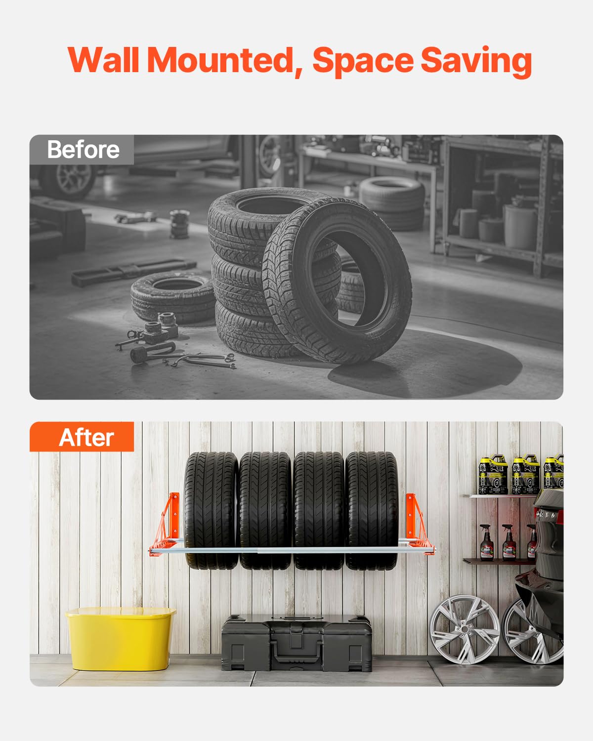 VEVOR Wall Mounted Tire Rack - Adjustable 31"-56", Heavy-Duty Q235 Steel, Max 400lbs Load, Ideal for Garage, Black, Model TC0519
