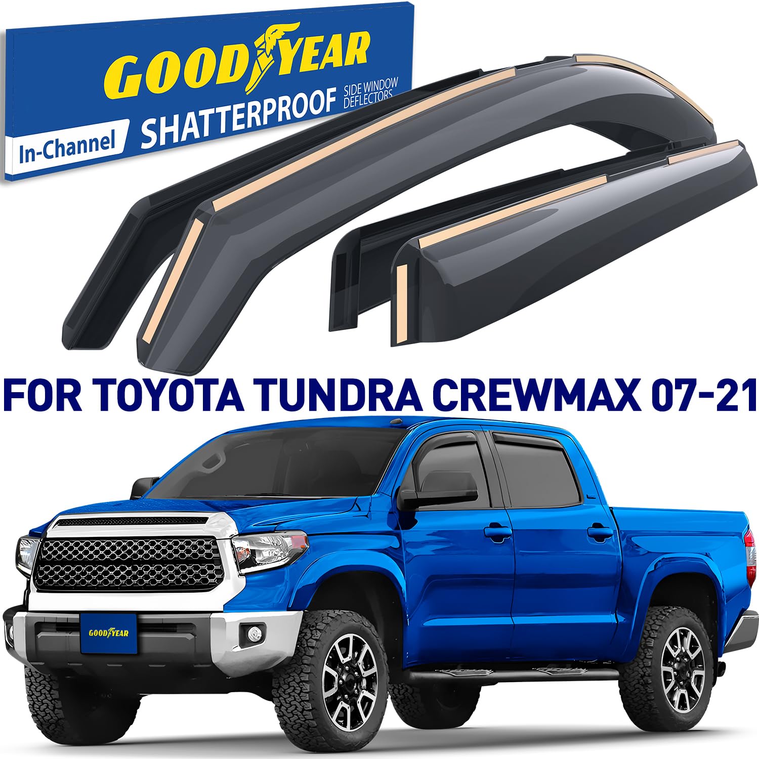 Goodyear Window Deflectors for Toyota Tundra 2007-2021, Shatterproof, Polycarbonate, Rain Guards, 4 pcs, For Tundra 07-21