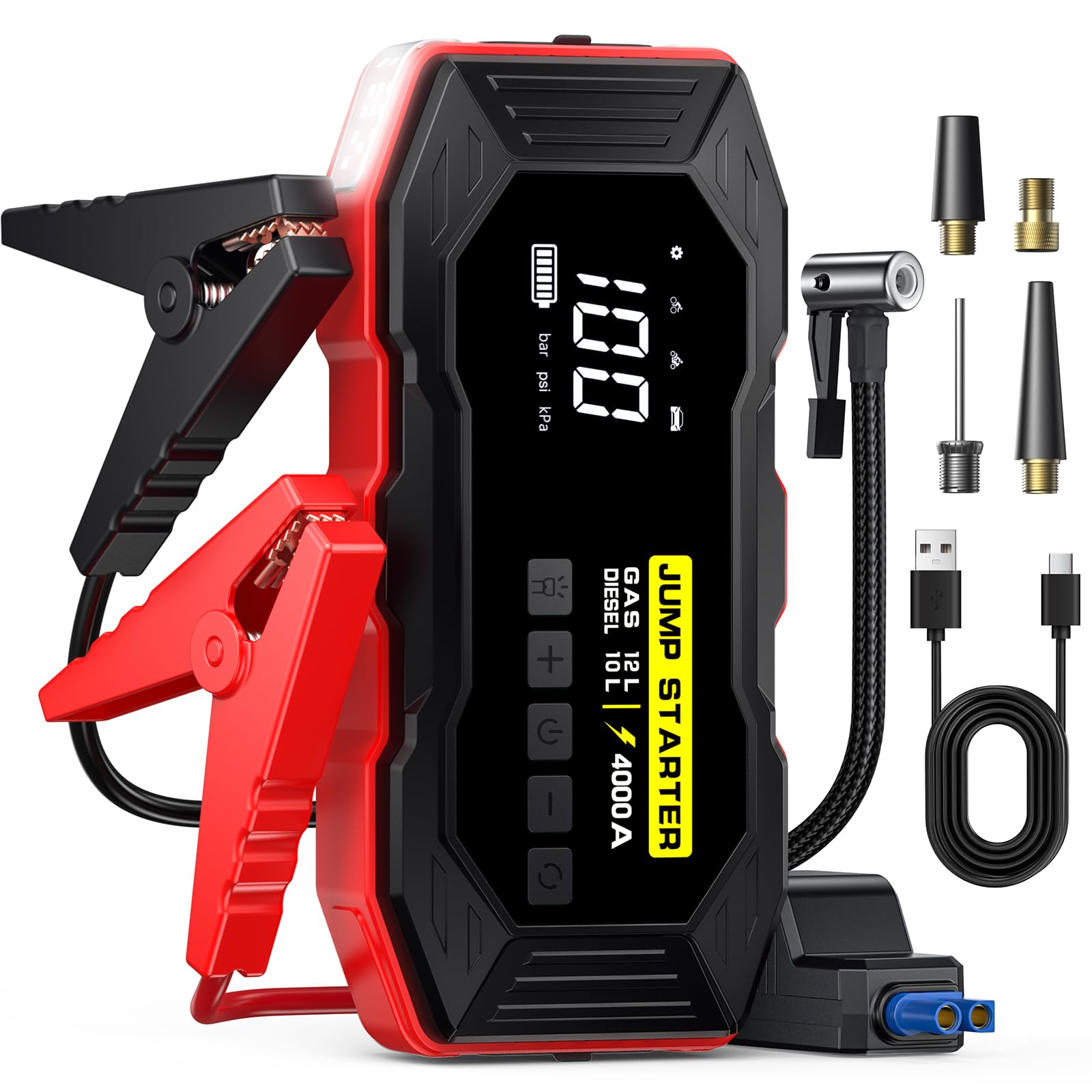 Jump Starter with Air Compressor, Portable Car Battery Jump Starter(12 Gas/10L Diesel), 4000A Peak 160PSI 12V Automobile Jump Bo