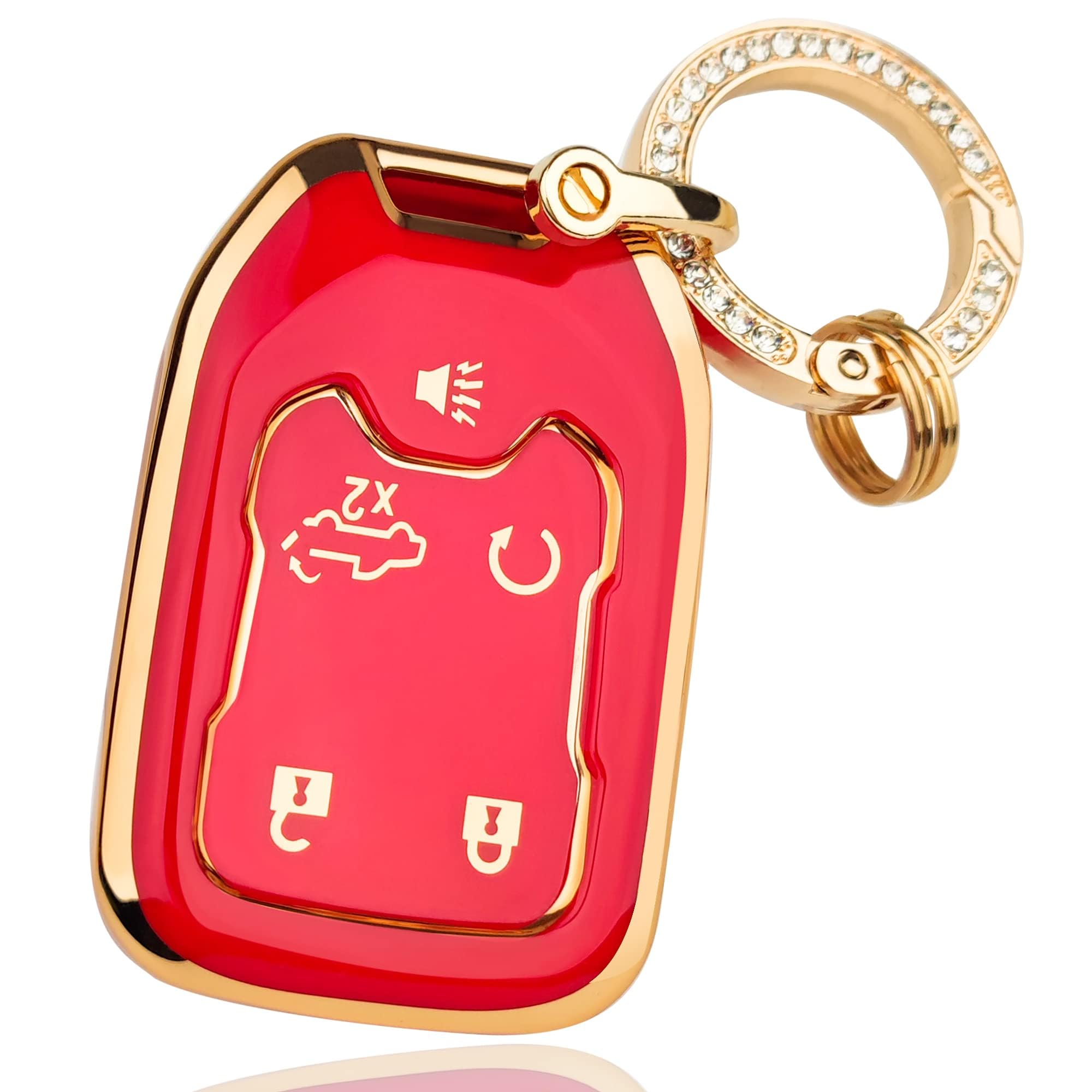 Ollen 5-Button Tpu Key Fob Cover, Fit For Gmc Acadia 2017-2025, For Terrain 2018-2025, For Sierra 2019-2025, For Chevy Silverado 2019-2022, Full Protection Soft Tpu Key Case, With Bling Ring, Red