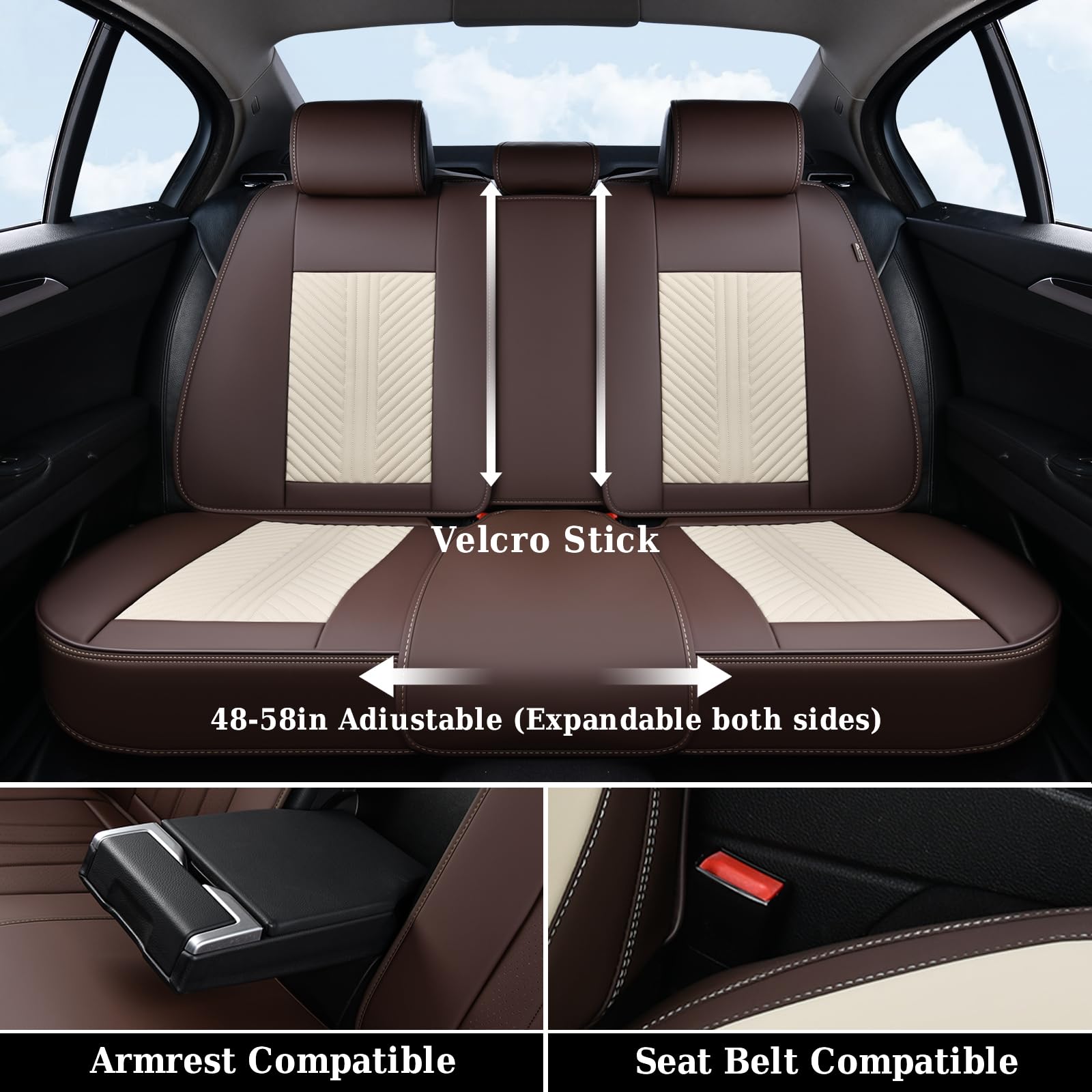 Coverado Leather Car Seat Covers Full Set, 5 Seats Waterproof Faux Leather, Brown & Beige, Universal Fit, Model 8818