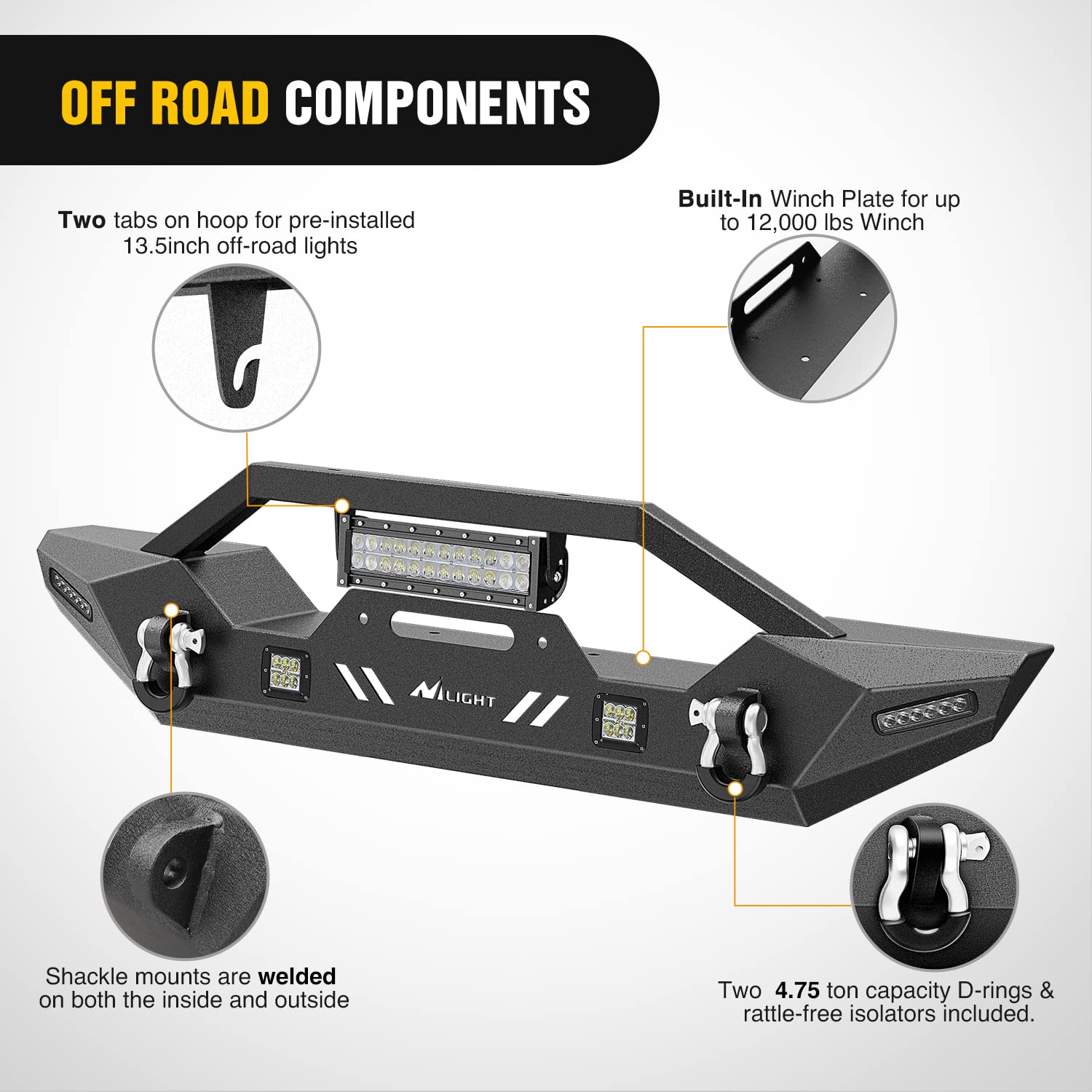Nilight Front Bumper for 2007-2025 Wrangler JK/JL/JT, Alloy Steel, 72W LED Bar, 2x18W Pods, Winch Plate, Color: