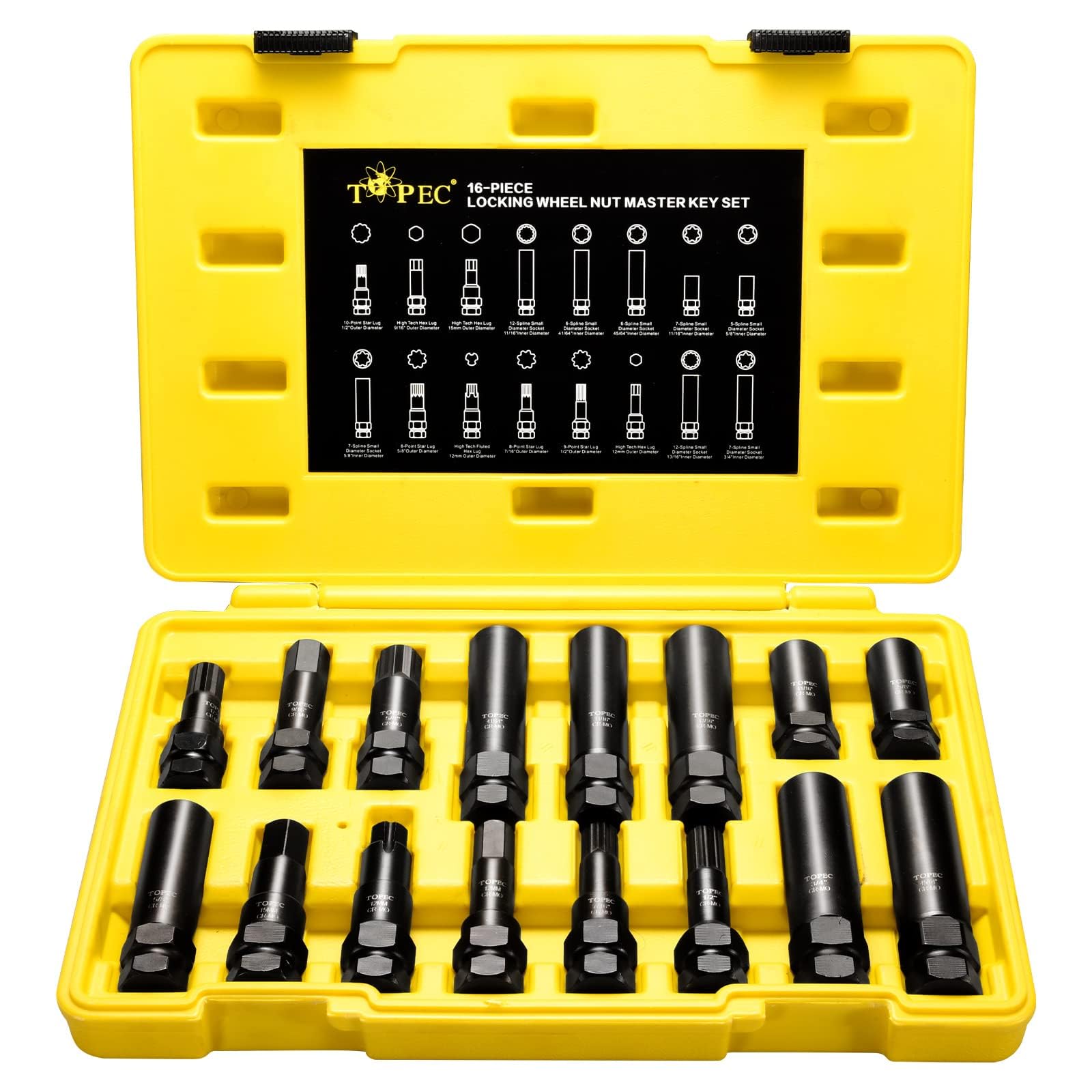 Topec 16-Piece Locking Lug Nut Master Key Set | 5, 6, 7, 12 Spline Socket, Star And Internal Hex Style Lug Nut Key, Cr-Mo Steel
