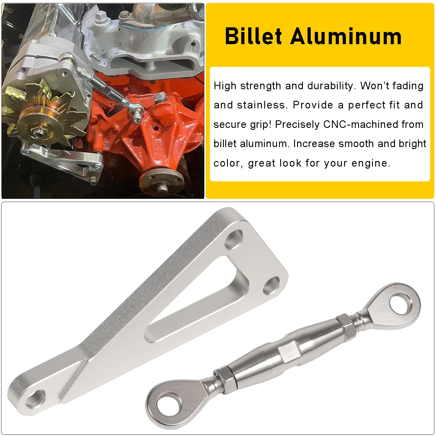 Camoo Billet Alternator Bracket Adjustable Kit for Chevy SBC V8 Polished Aluminum 305 327 350 383 Long Water Pump Silver