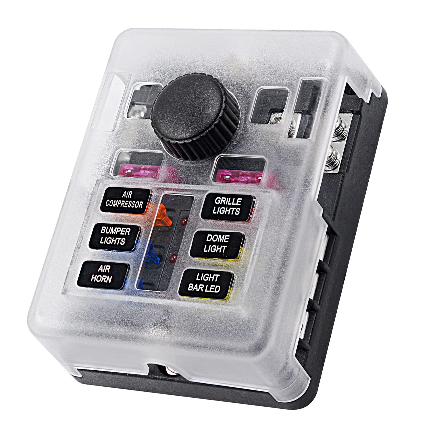 12 Volt Fuse Block, Waterproof 6 Way Fuse Box With 6 Ground Negative Busbar For Automotive[100 Amp Max] [Atc/Ato Fuses] [Led Ind