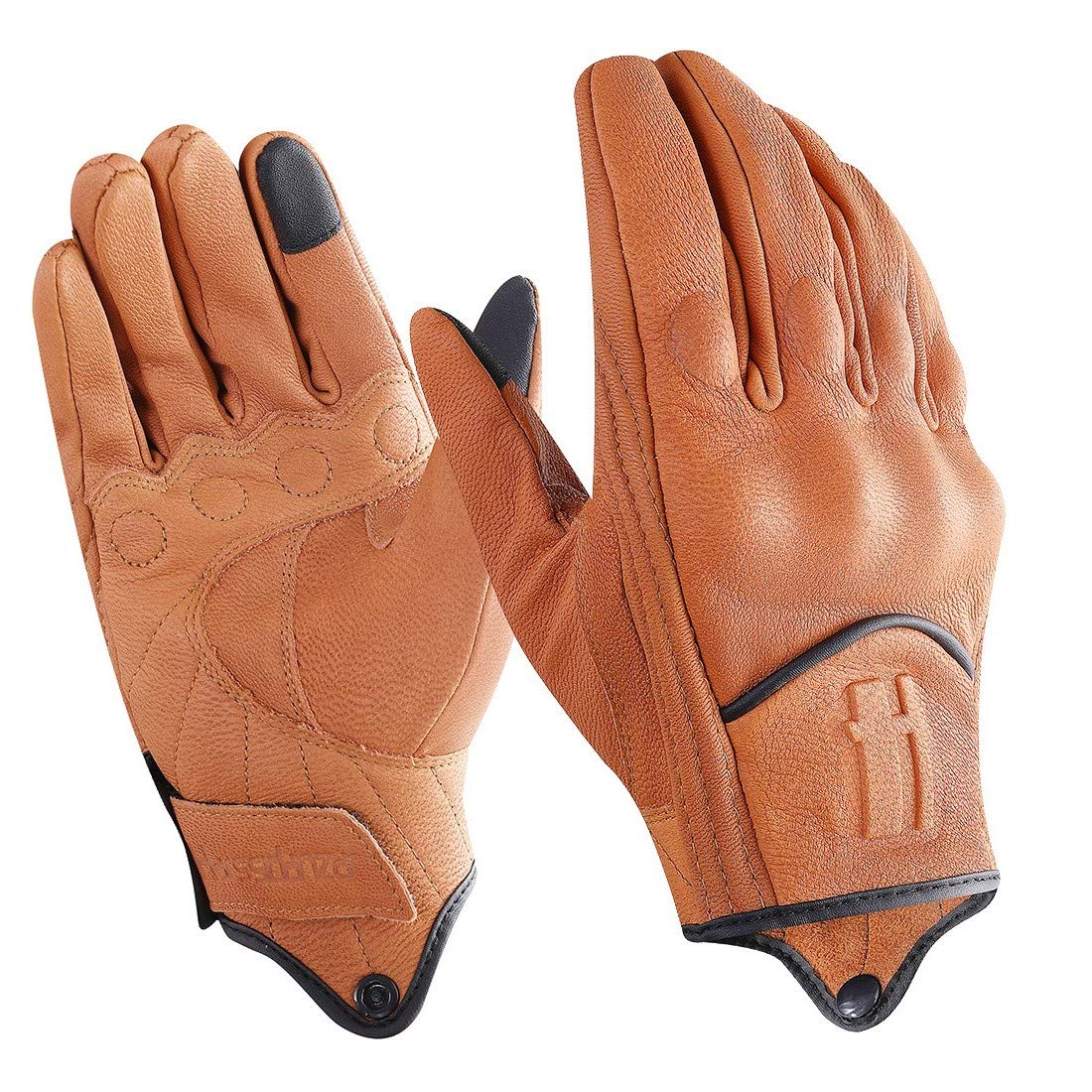 Harssidanzar Mens Full Finger Goatskin Leather Touchscreen Motorcycle Gloves Upgrade Gm028,Tan,Size L