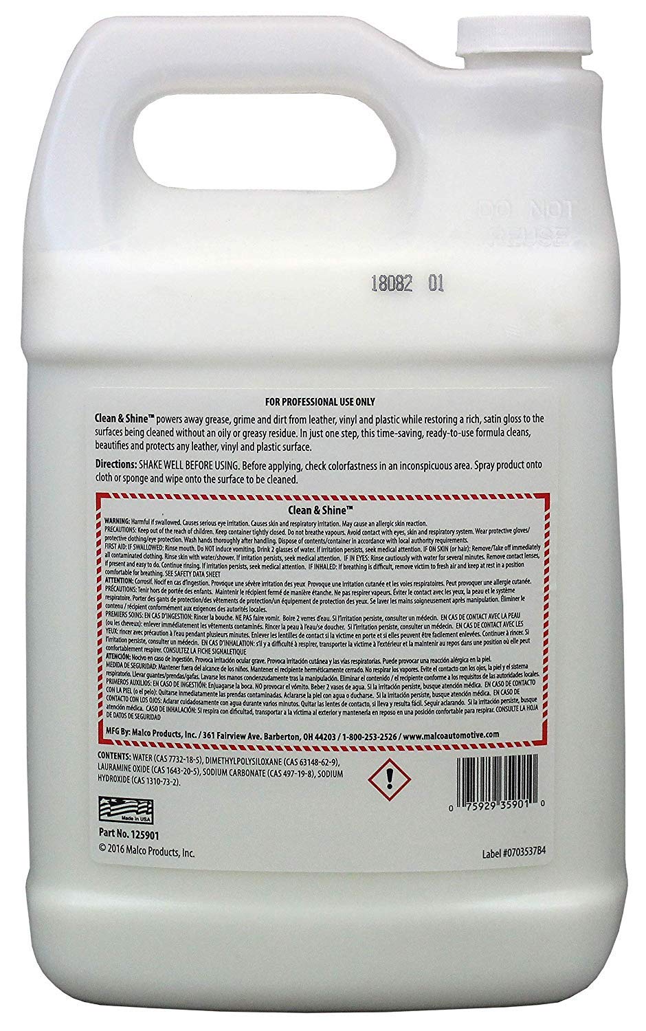 Malco Clean & Shine Interior Car Cleaner And Dressing – Restore Leather, Plastic And Vinyl Surfaces In Your Vehicle/Clean, Condition And Protect In 1 Simple Step / 1 Gallon (125901)