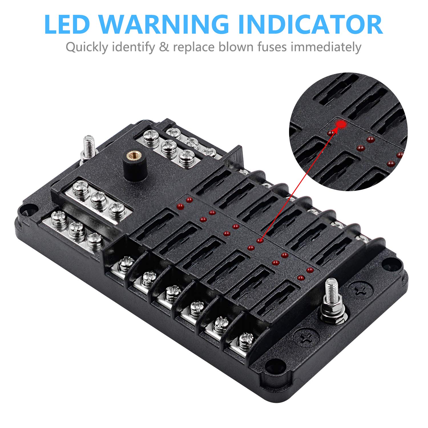 tigwin 12 Way 12V Fuse Box - Waterproof Blade Fuse Block Holder with LED Indicator for Automotive, RV, Boat, Truck, Model KLWD-FB-12N
