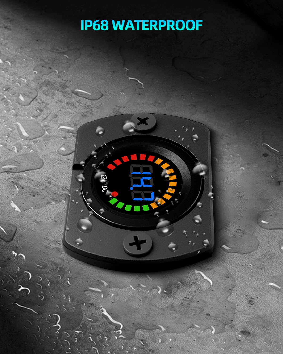 DC 12V Voltage Meter, Waterproof LED Display Voltmeter Gauge Panel, Round Battery Monitor with Mounting Plate & Wires & Terminal