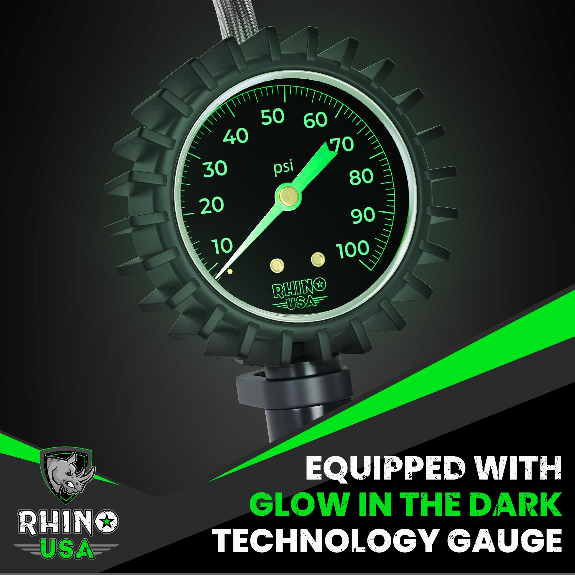 Rhino USA Tire Inflator with Pressure Gauge (0-100 PSI) - ANSI B40.1 Accurate, Large 2'' Easy Read Glow Dial, Premium Braided Ho