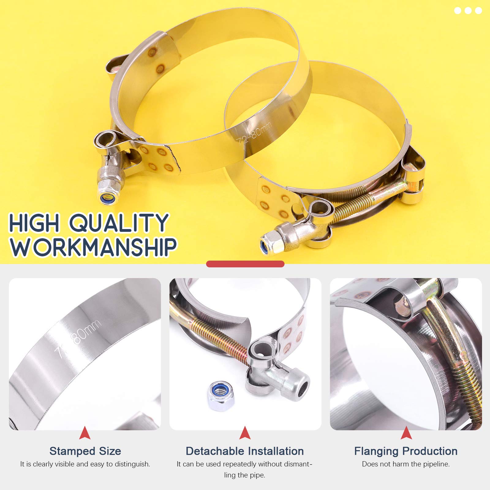 Hilitchi 5Pcs Stainless Steel T-Bolt Clamps With Rounded Band Edges Heavy Duty Turbo Intake Intercooler Clamp (72-80Mm) For 2 3/