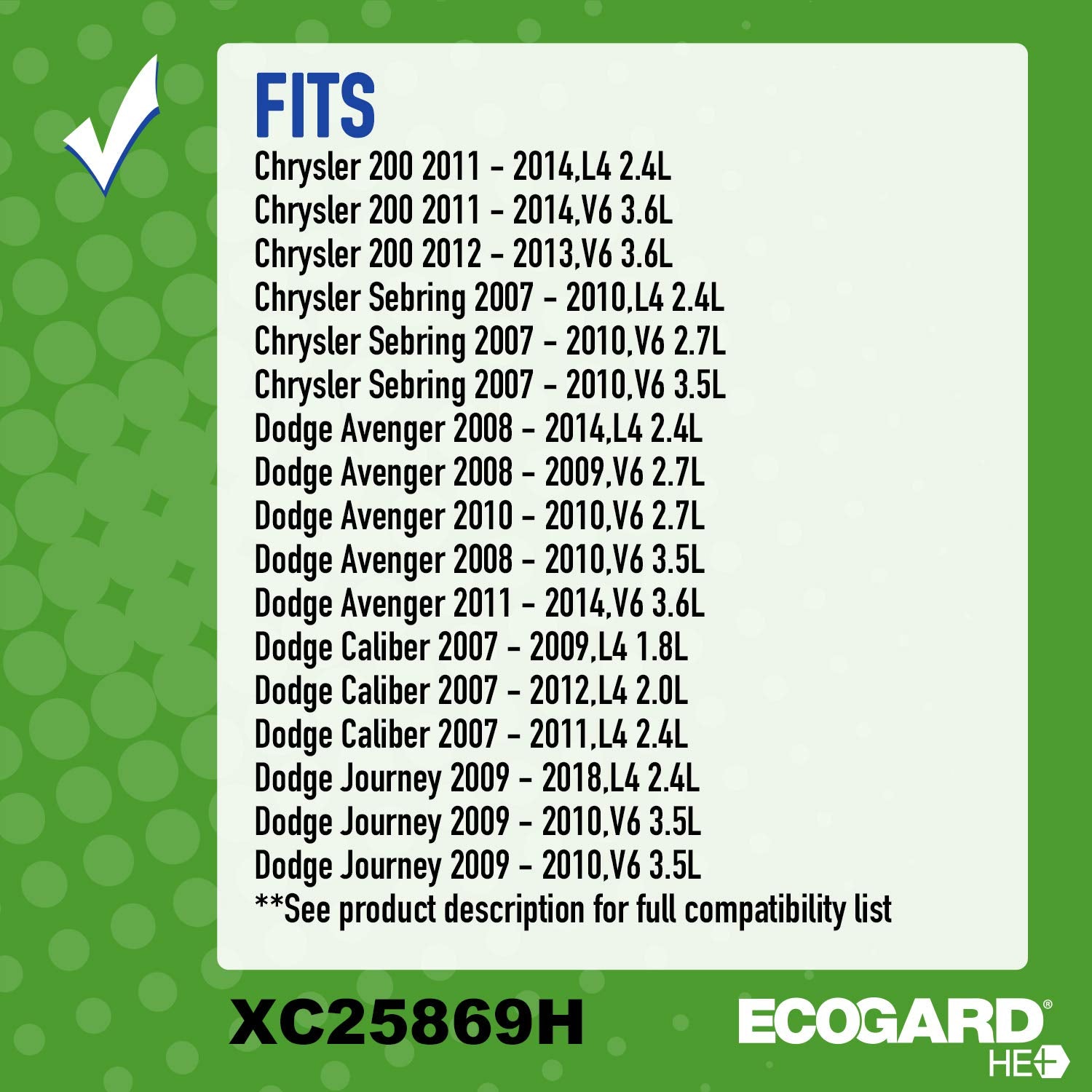 Ecogard Xc25869H Upgraded High Efficiency Cabin Air Filter + Baking Soda Compatible With Dodge Journey, Avenger, Caliber  Jeep P