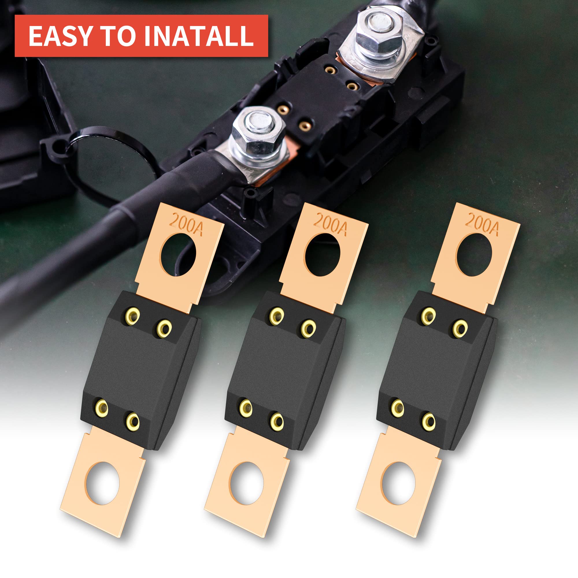 Joinfworld 3Pcs 200A MEGA Fuse, High Current Bolt Mount Automotive 200 Amp MEGA/AMG Fuse for Cars, Trucks, Construction Vehicles