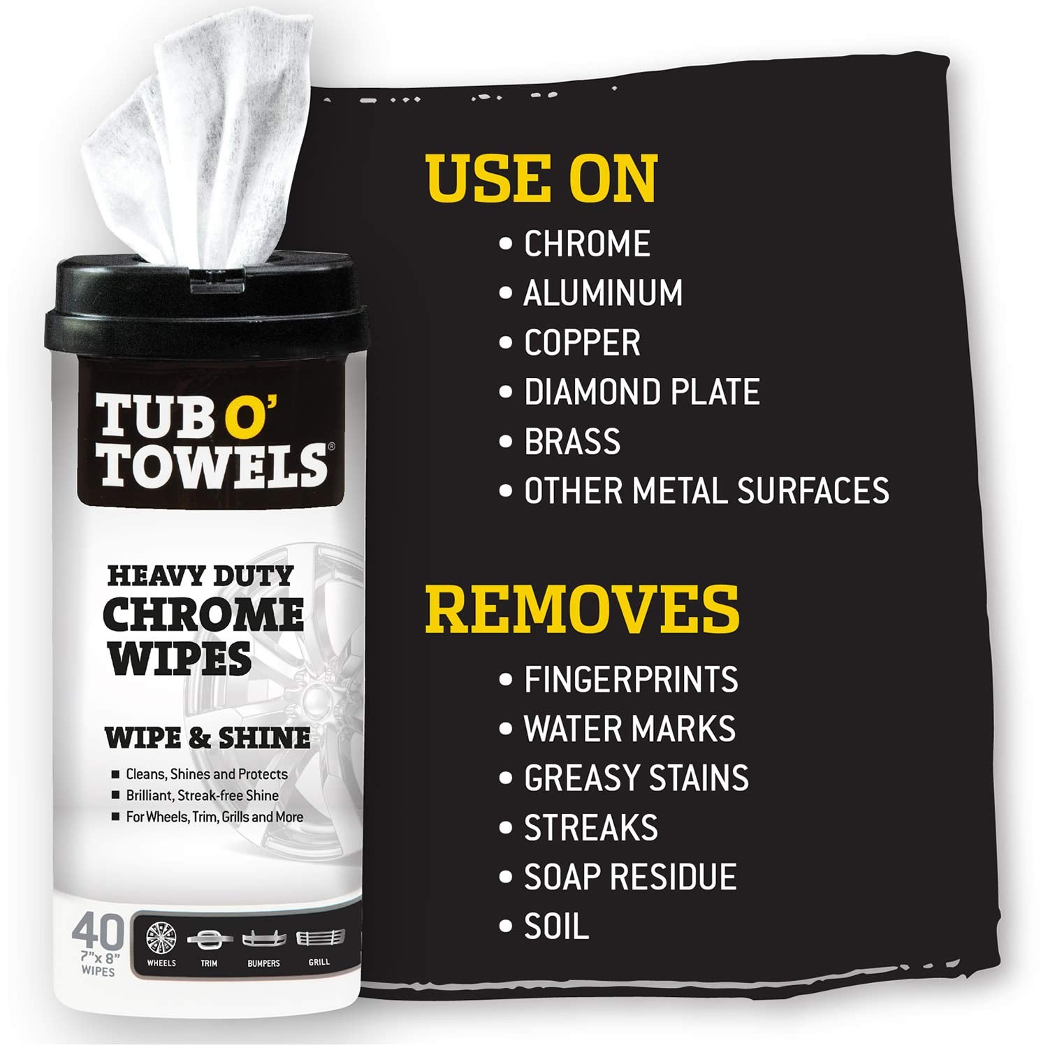 Tub O Towels Heavy Duty Chrome Wipes - Clean, Shine & Protect Chrome, Aluminum, Copper, and Brass Surfaces - Oil-Based Polishing